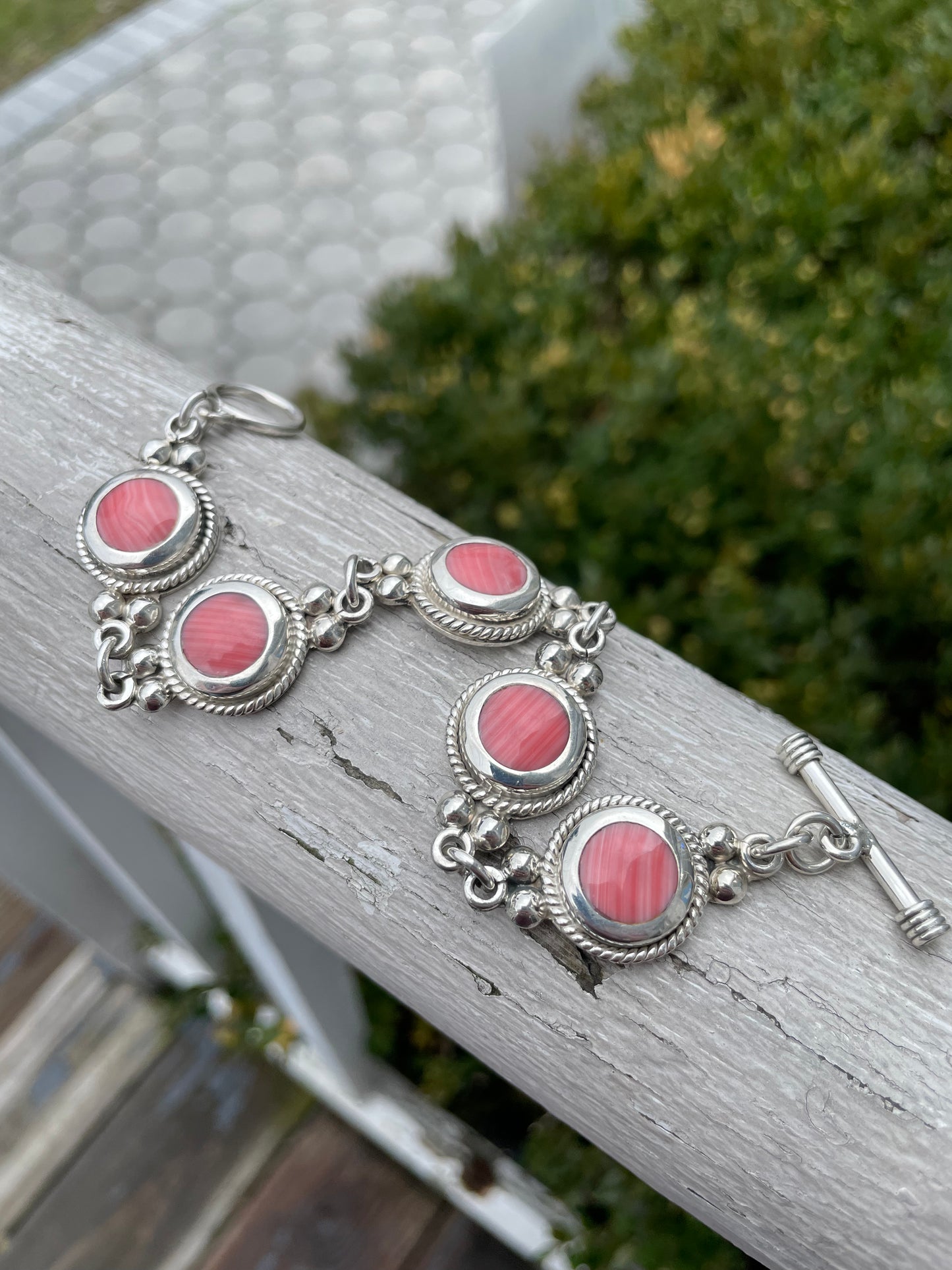 925 Sterling Silver Coral Stone Toggle Lock Bracelet