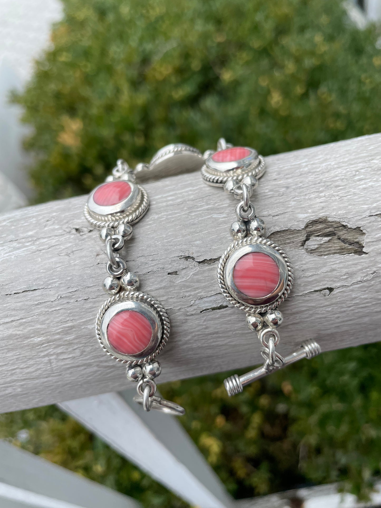 925 Sterling Silver Coral Stone Toggle Lock Bracelet