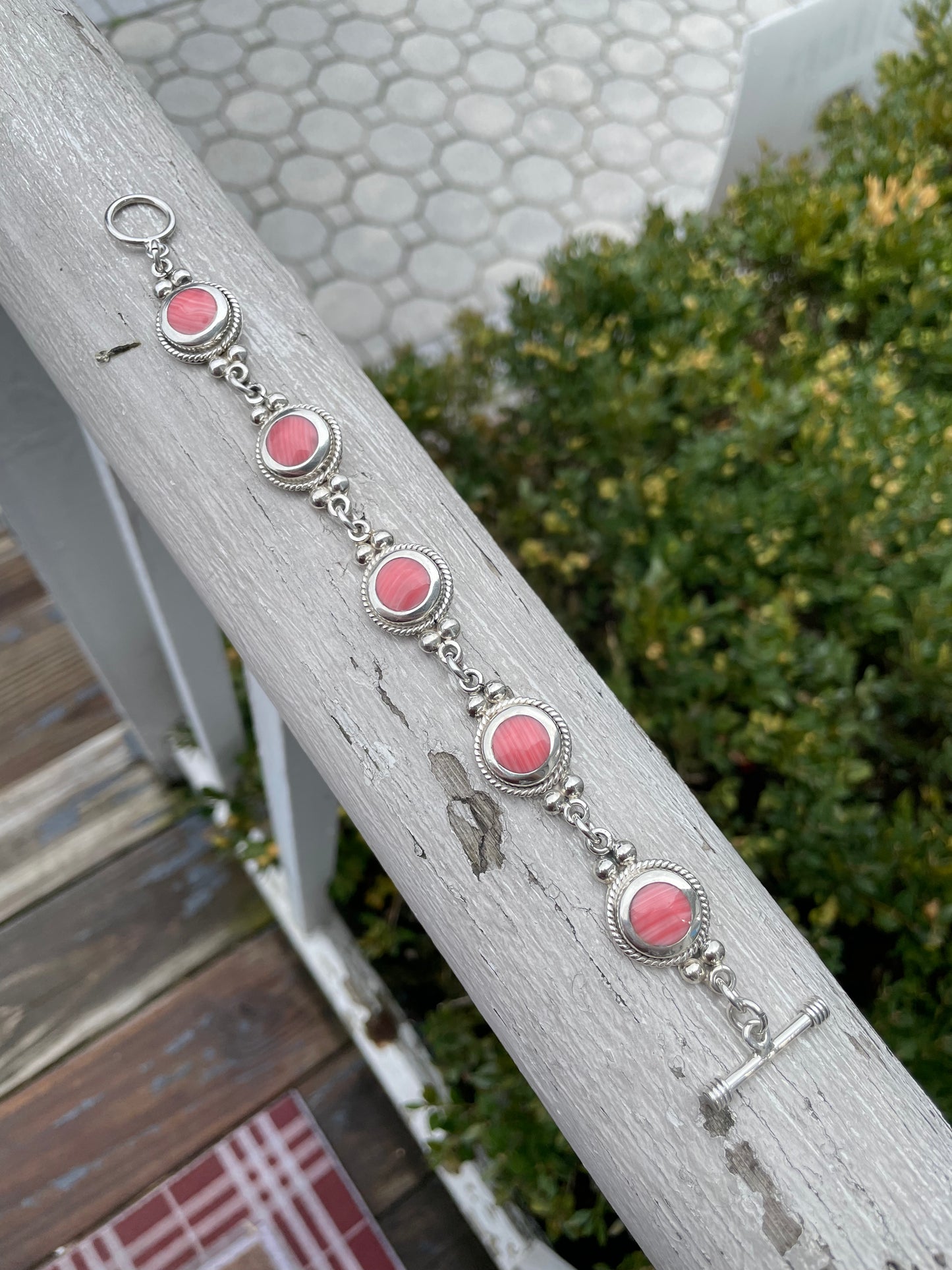 925 Sterling Silver Coral Stone Toggle Lock Bracelet