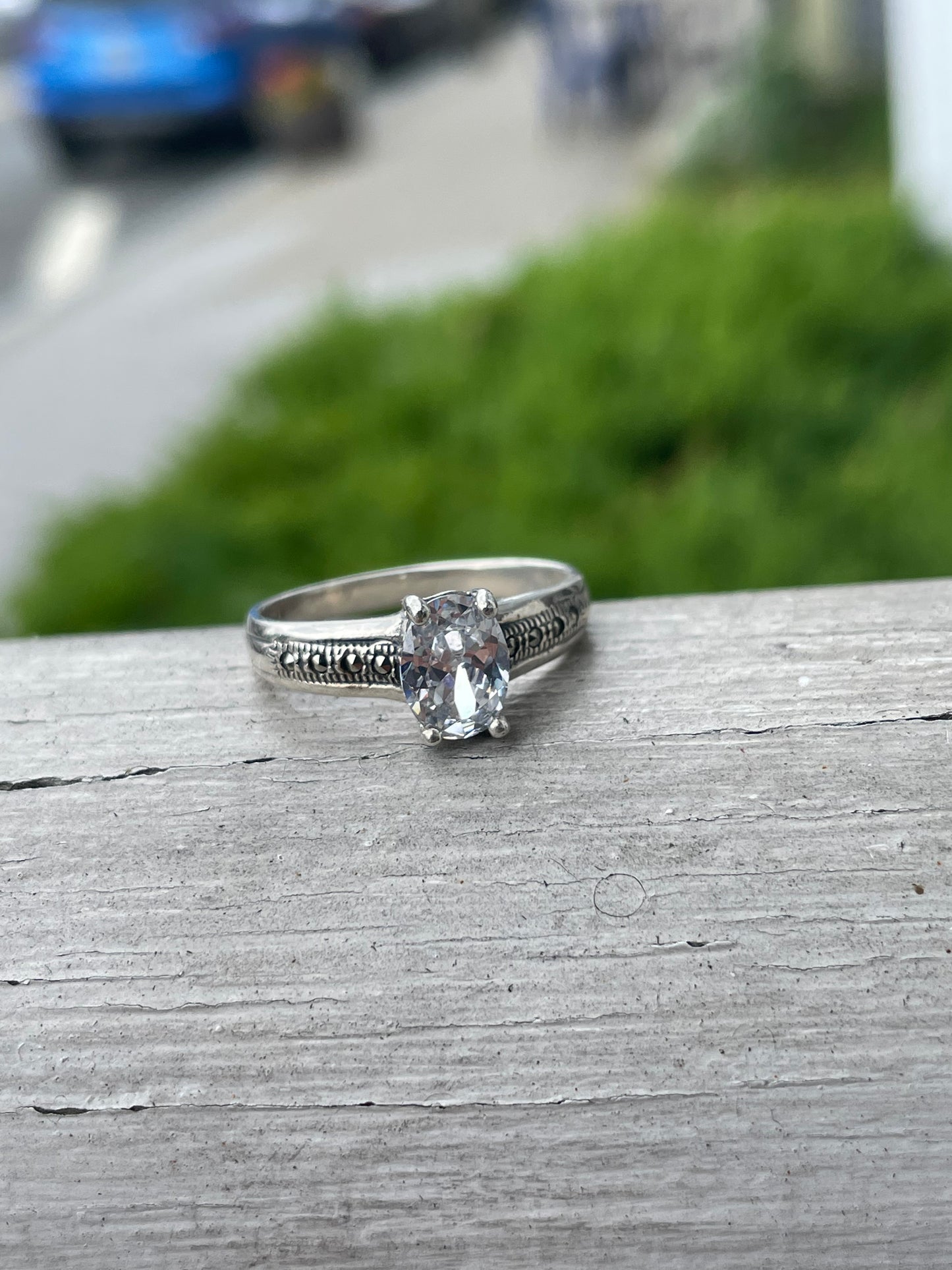 925 Sterling Silver Oval Clear Zirconia & Marcasite Statement Ring