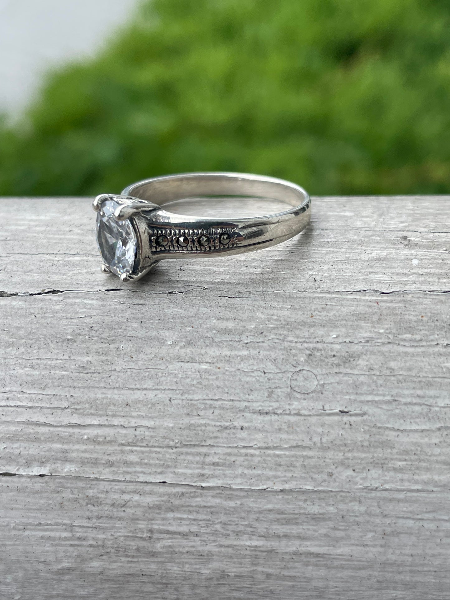 925 Sterling Silver Oval Clear Zirconia & Marcasite Statement Ring