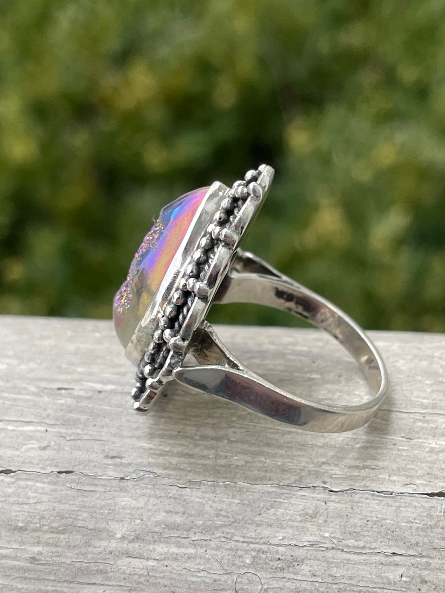 925 Sterling Silver Abalone Druzy Pear Shape Ring