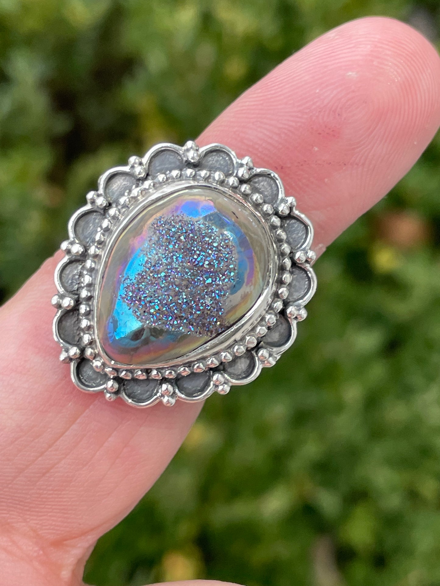 925 Sterling Silver Abalone Druzy Pear Shape Ring