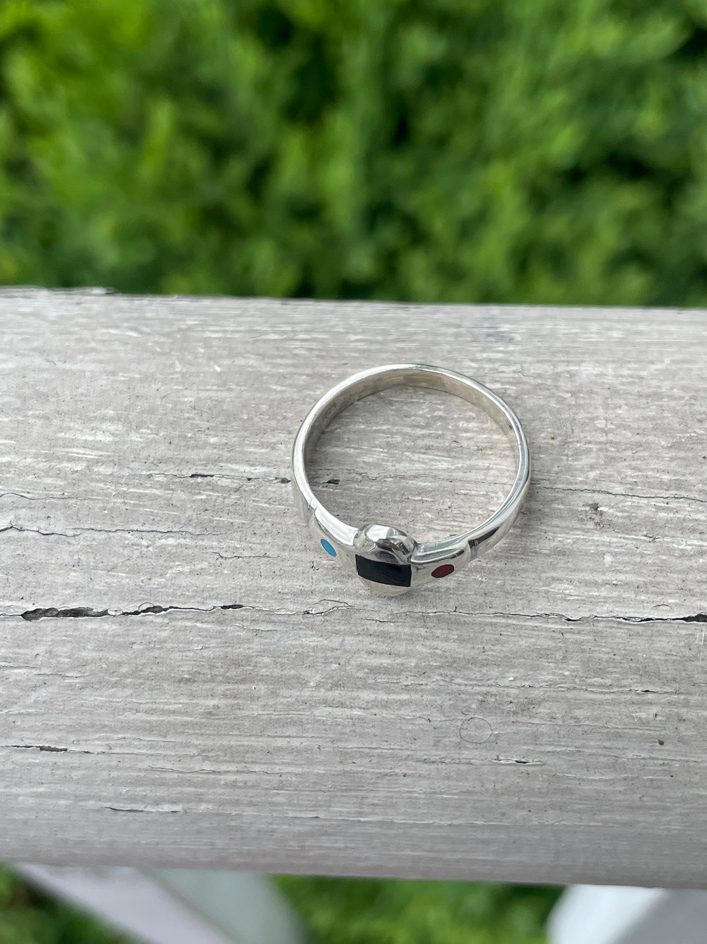 925 Sterling Silver Onyx Turquoise & Coral Band Ring