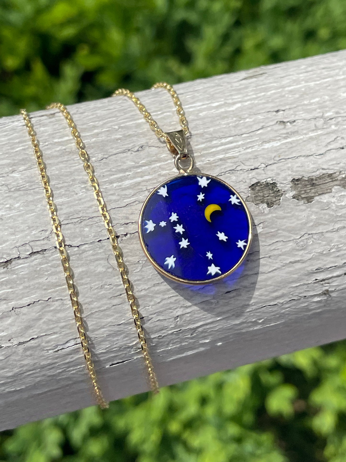 925 Sterling Silver Vermeil Moon & Stars Amulet Necklace