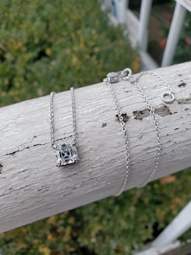 Designer Judith Ripka 925 Sterling Silver Solitaire Asher Cut Zirconia Necklace