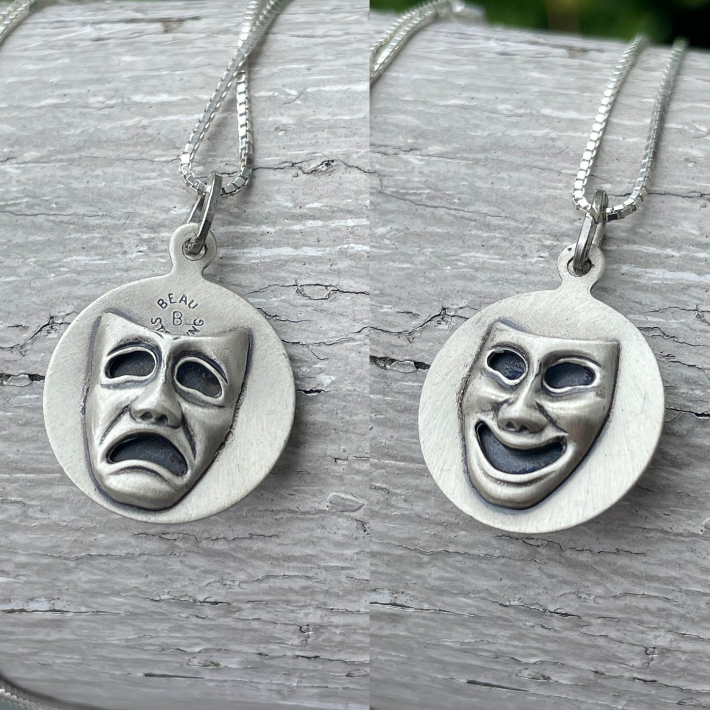 Designer Beau 925 Sterling Silver Comedy Tragedy Disc Necklace