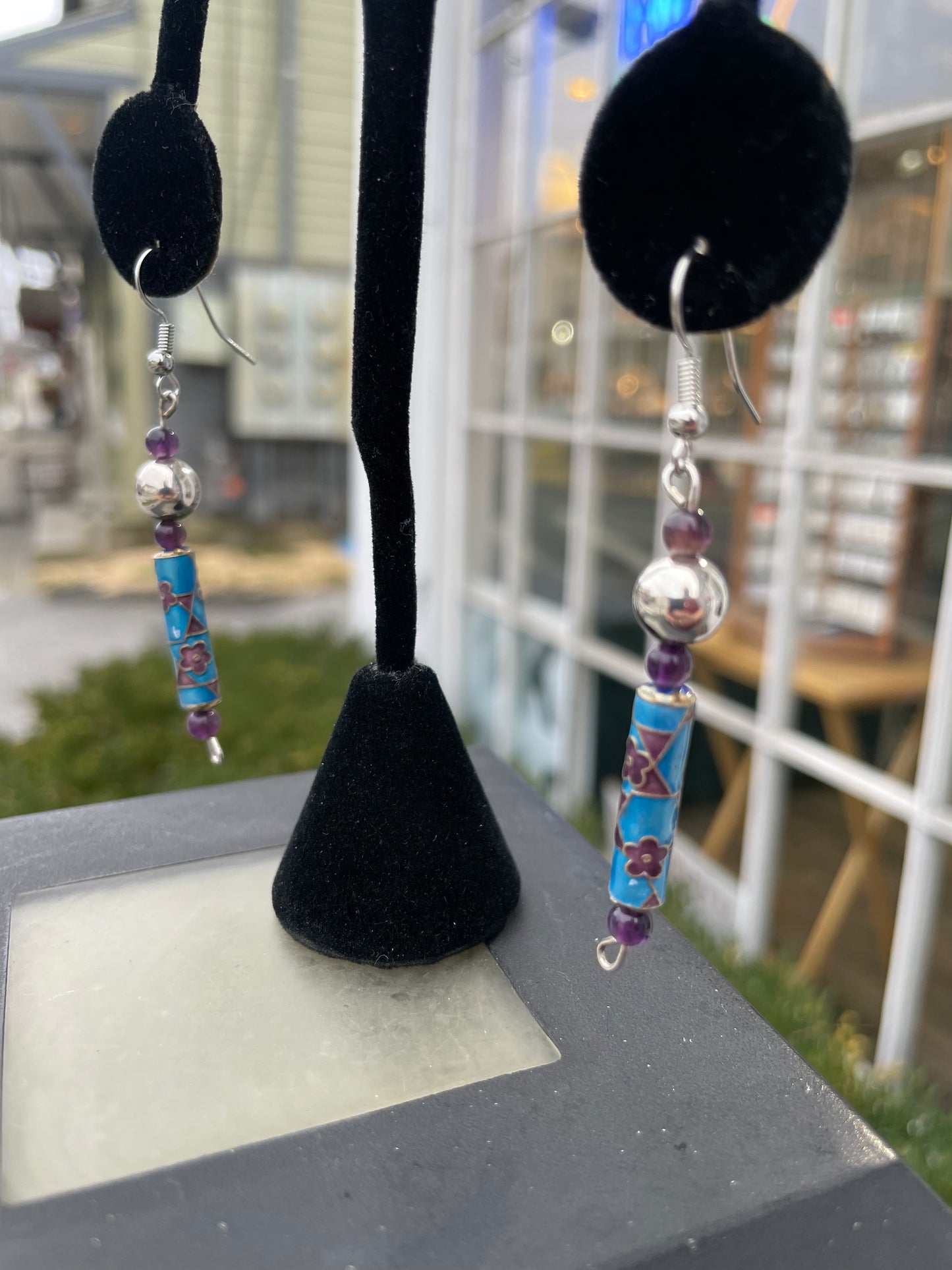 925 Sterling Silver Handmade Native American Wampum & Enamel Drop Earrings