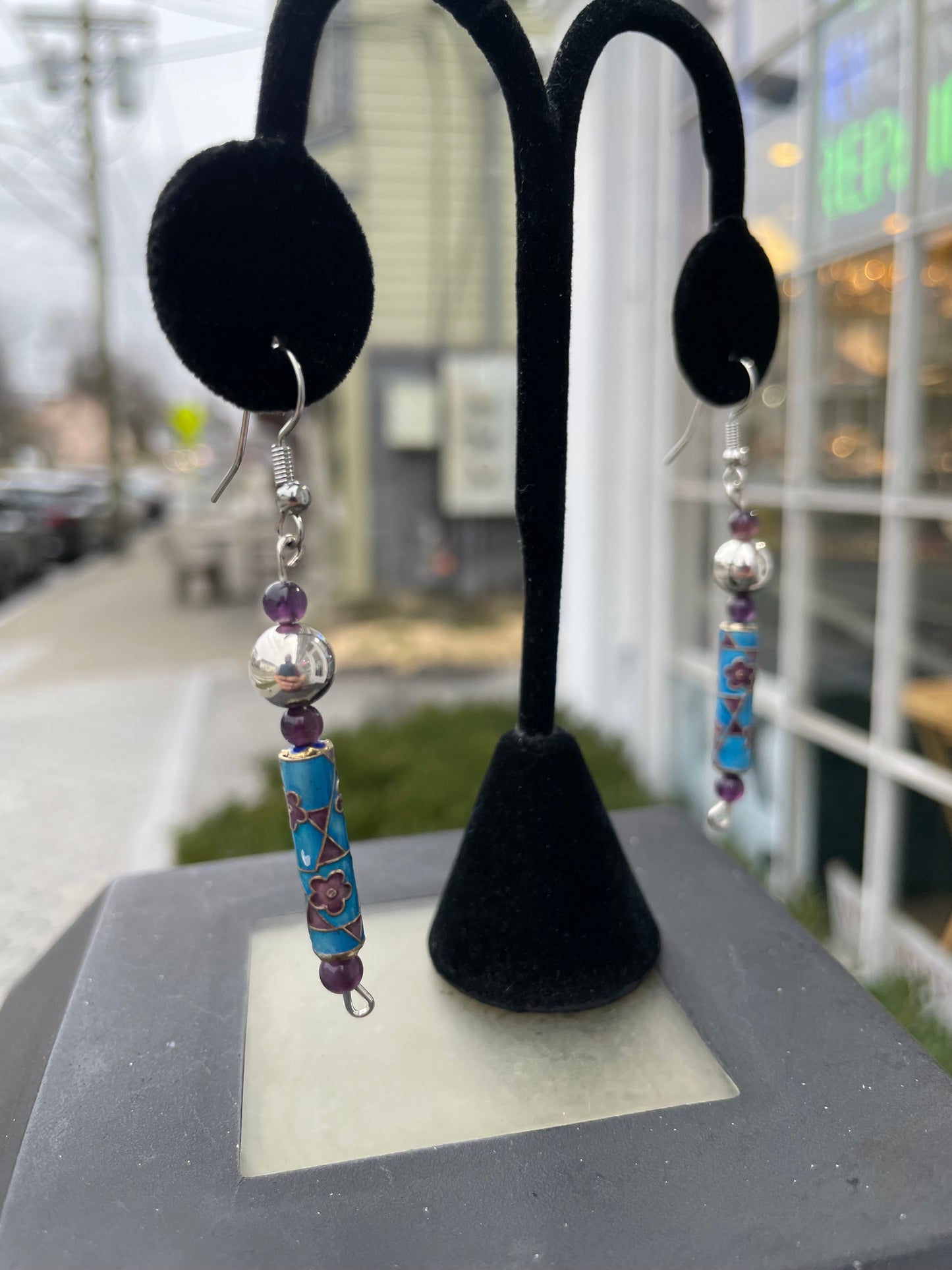 925 Sterling Silver Handmade Native American Wampum & Enamel Drop Earrings