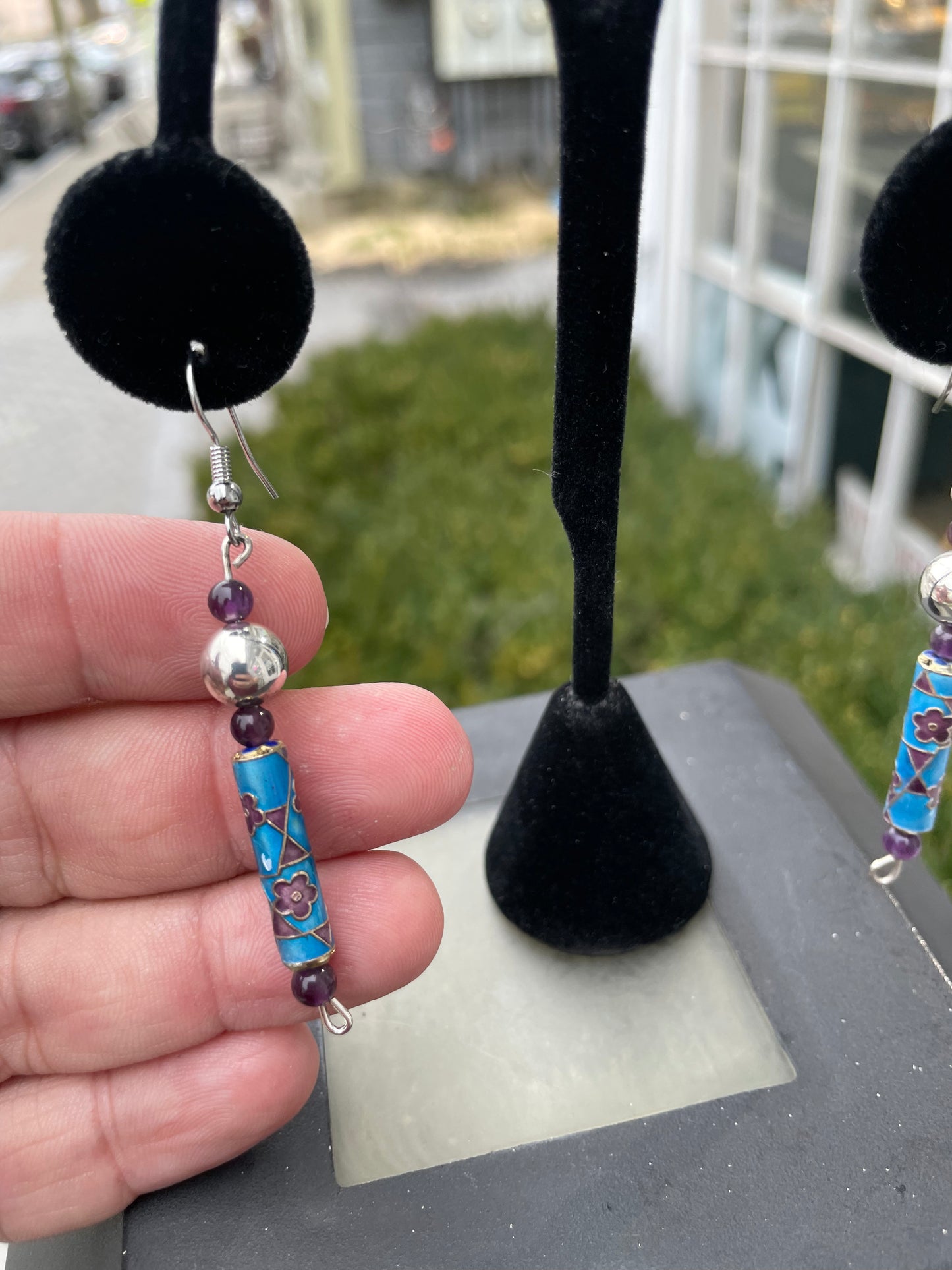 925 Sterling Silver Handmade Native American Wampum & Enamel Drop Earrings