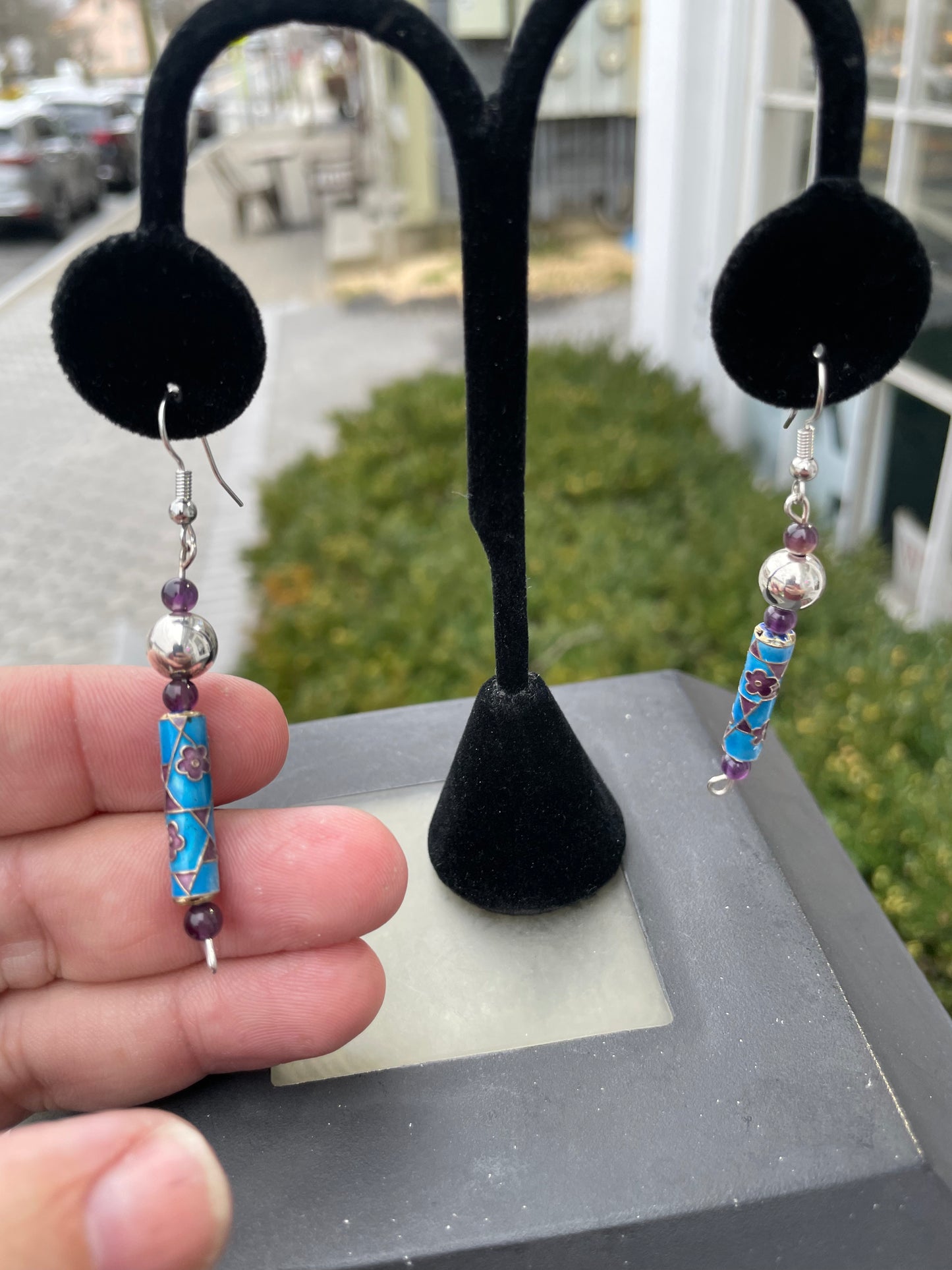 925 Sterling Silver Handmade Native American Wampum & Enamel Drop Earrings