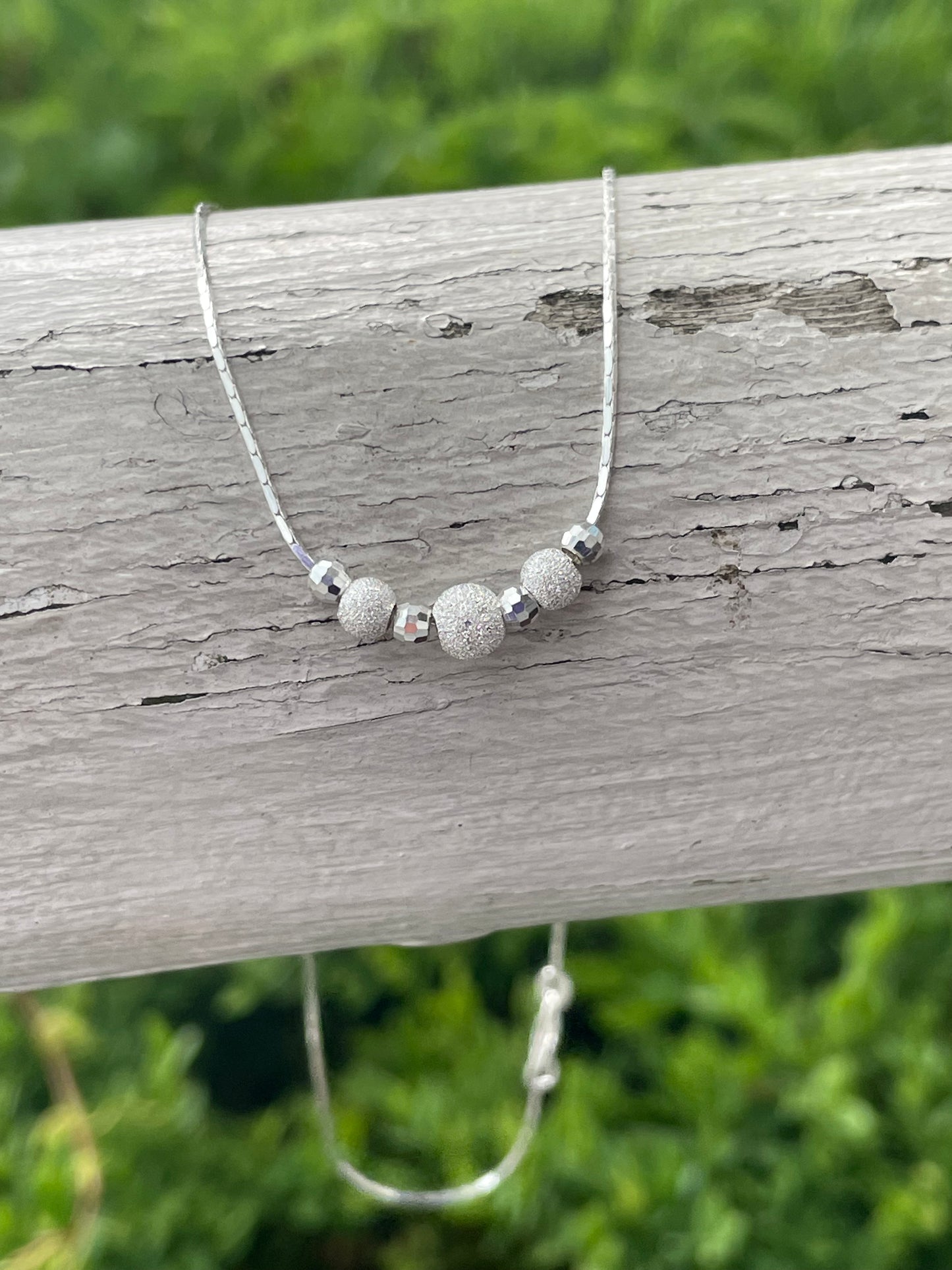 925 Sterling Silver Moon-cut & Stone Finish Ball Beaded Necklace 16”