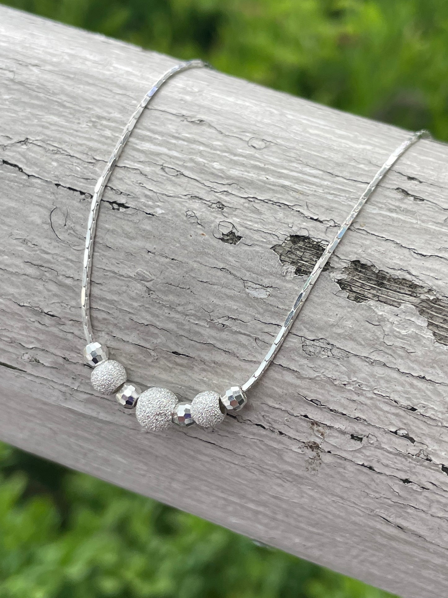 925 Sterling Silver Moon-cut & Stone Finish Ball Beaded Necklace 16”