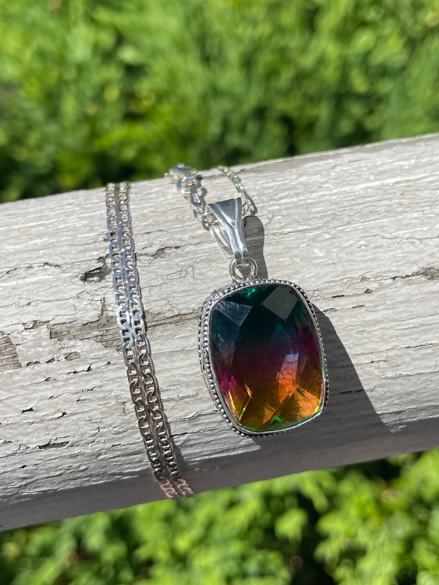 925 Sterling Silver Large Cushion Cut Rainbow Bi-Quartz Necklace