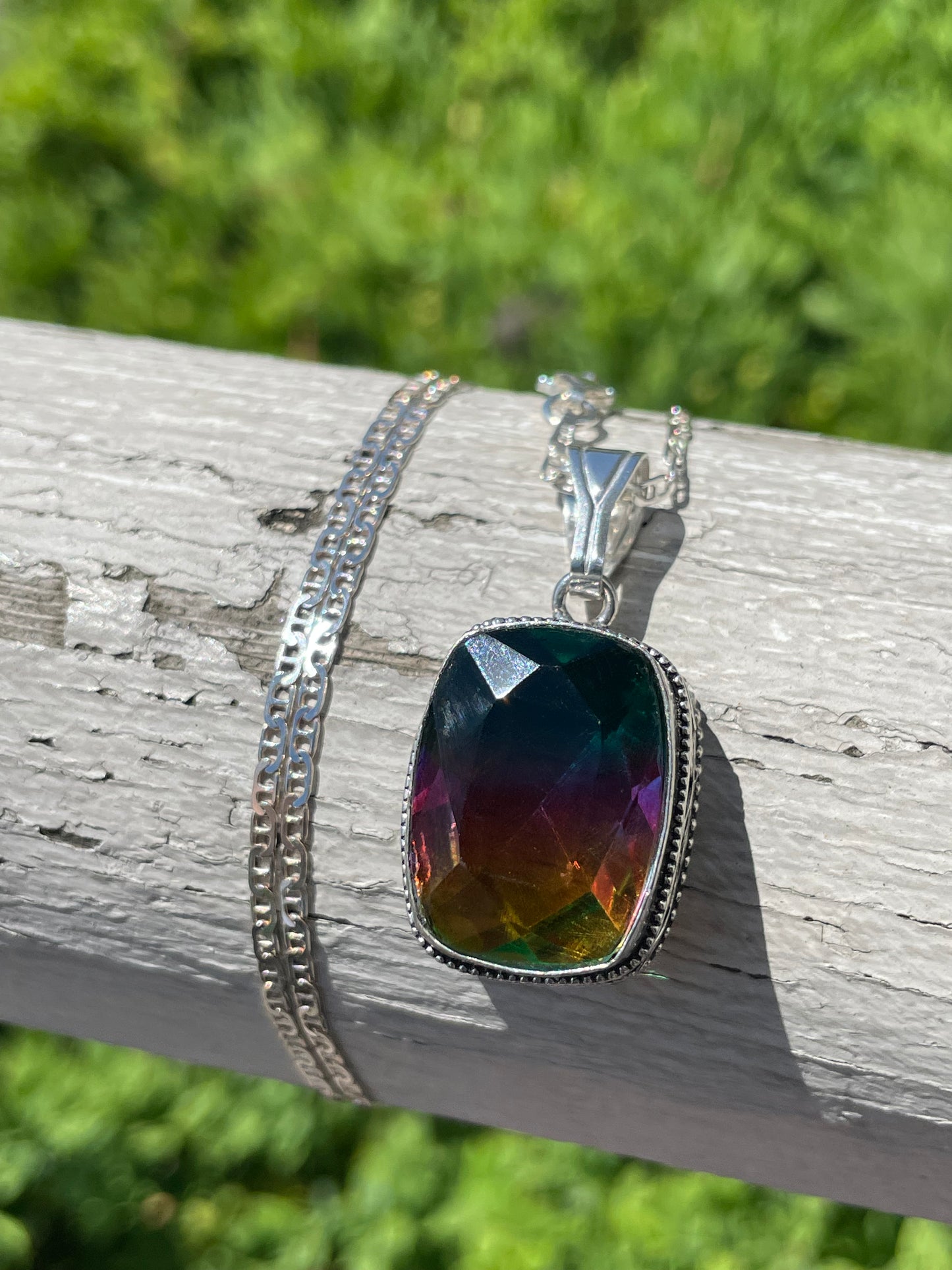 925 Sterling Silver Large Cushion Cut Rainbow Bi-Quartz Necklace
