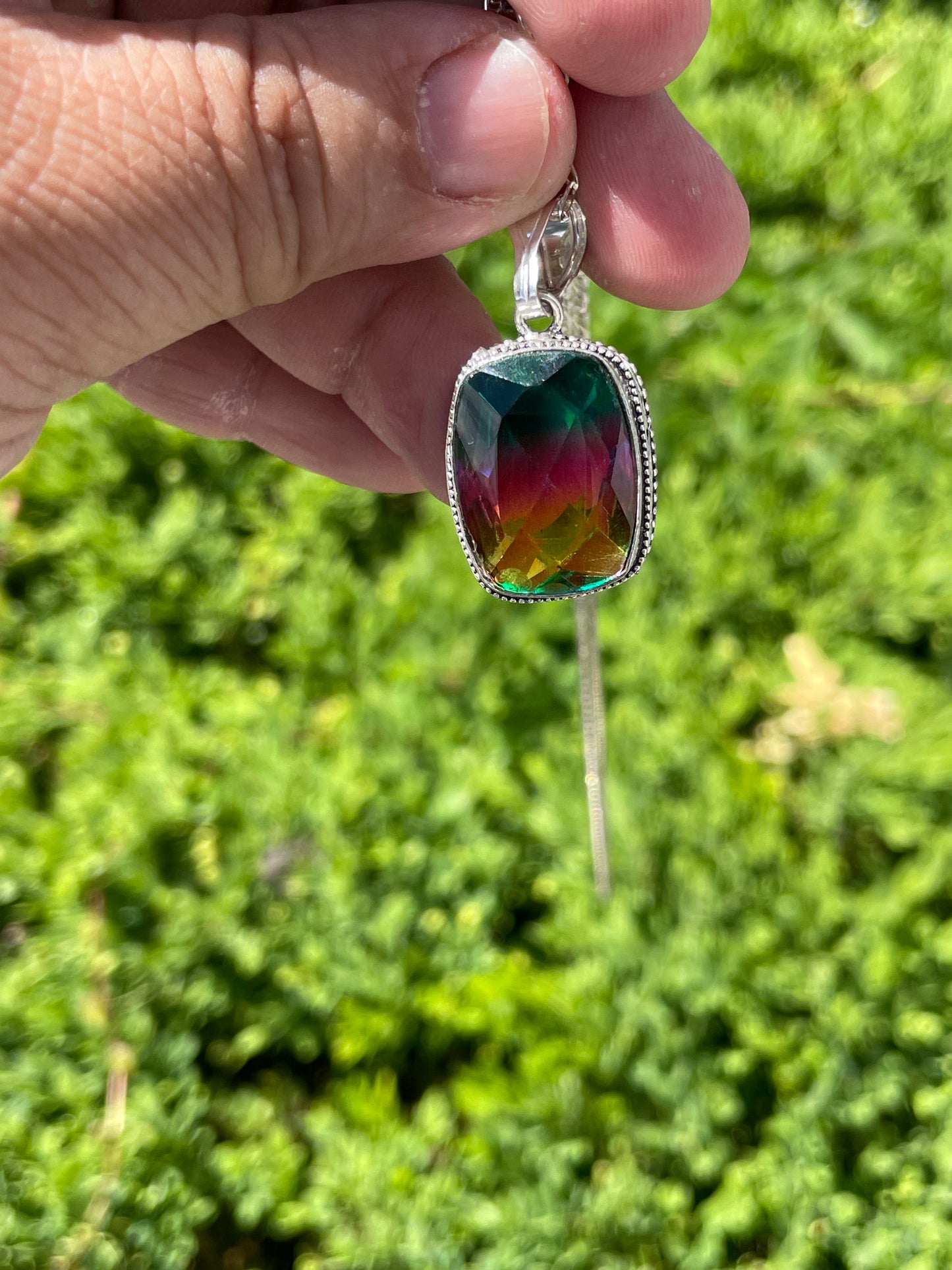 925 Sterling Silver Large Cushion Cut Rainbow Bi-Quartz Necklace