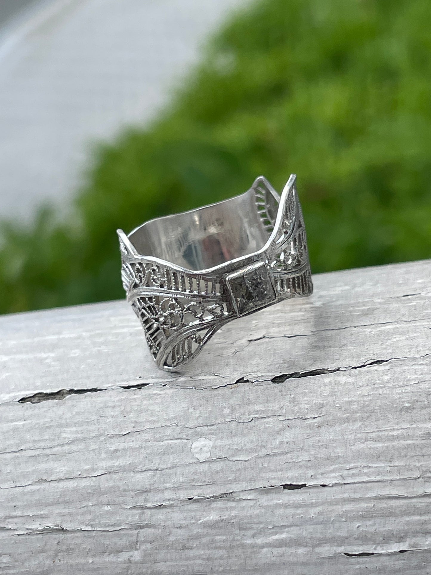 925 Sterling Silver Handmade Converted Pin to Ring w/ Cubic Zirconia