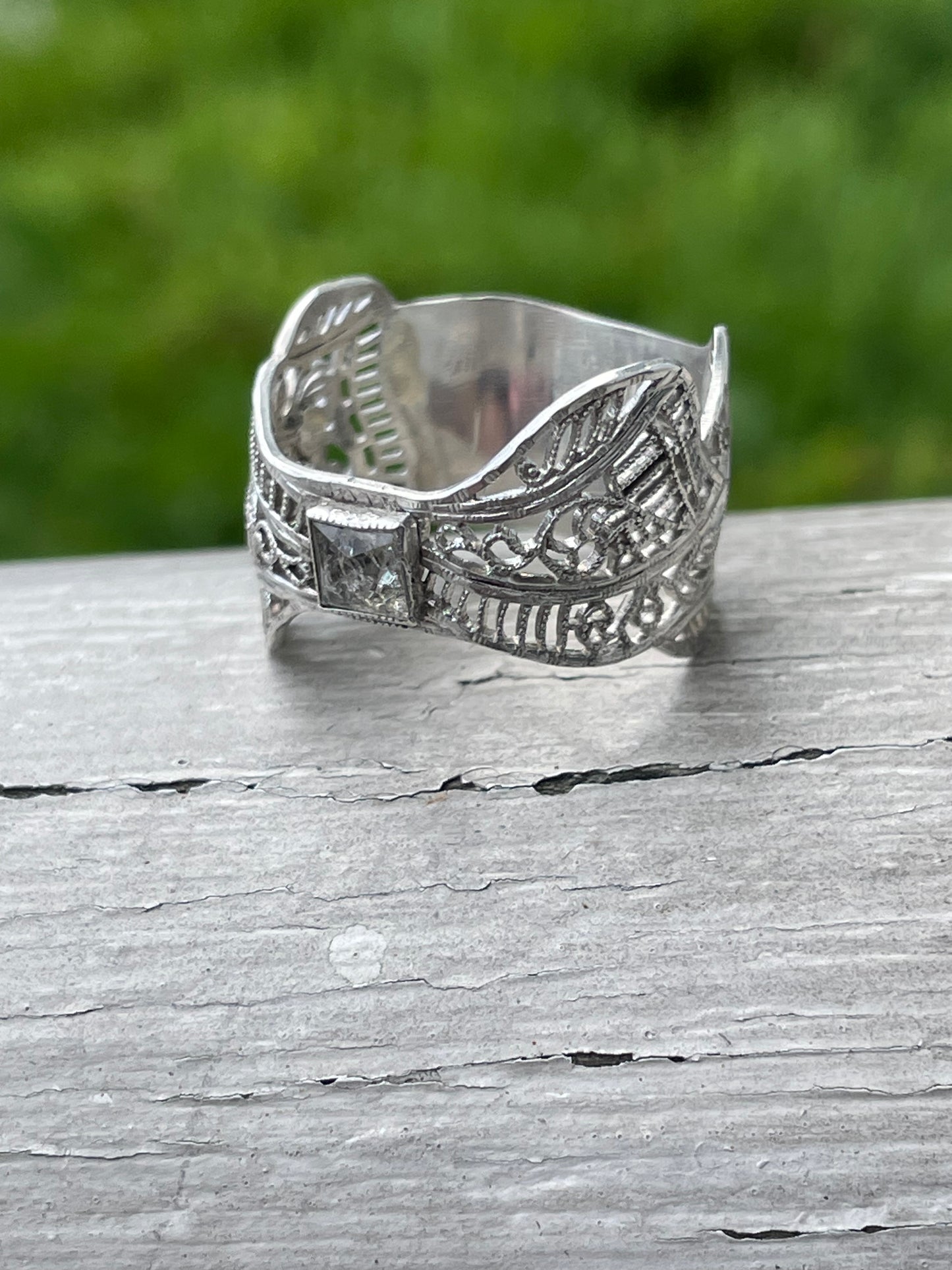 925 Sterling Silver Handmade Converted Pin to Ring w/ Cubic Zirconia