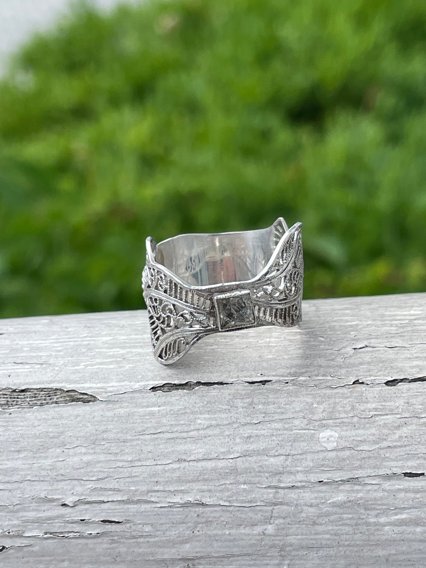 925 Sterling Silver Handmade Converted Pin to Ring w/ Cubic Zirconia