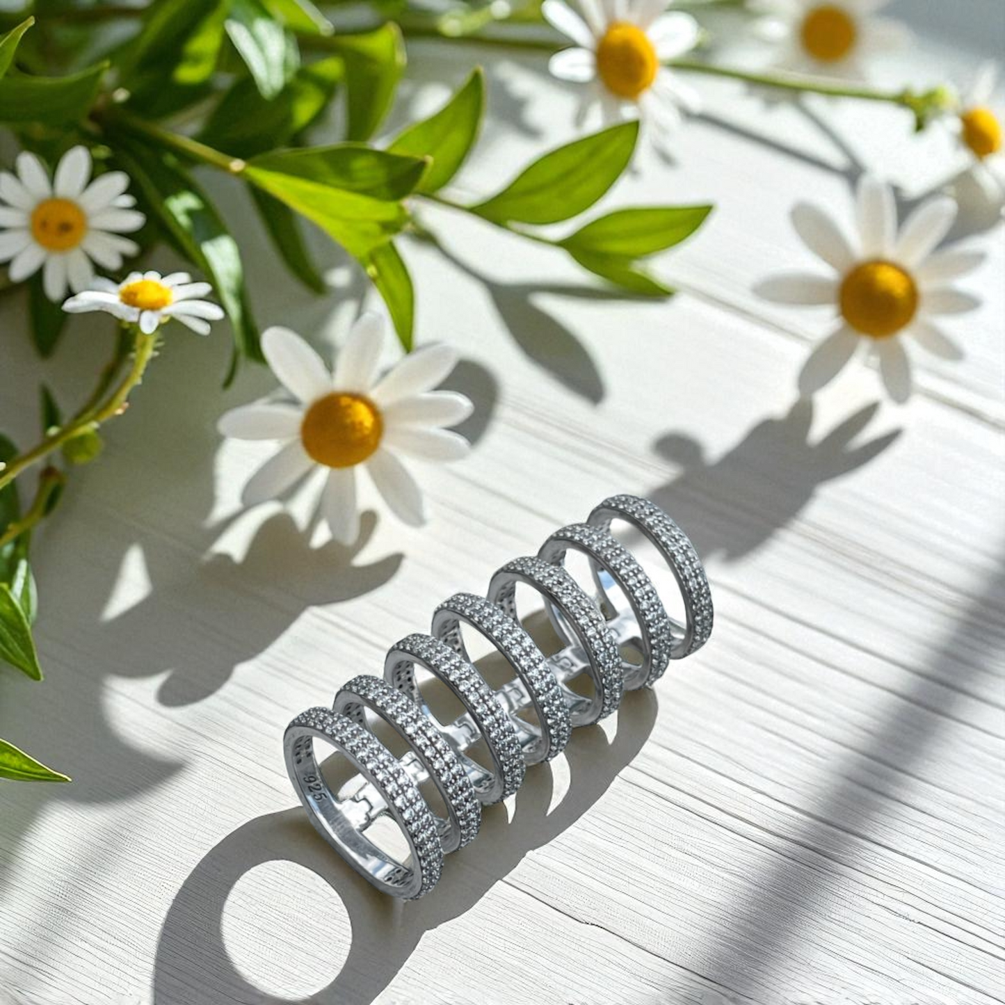 925 Sterling Silver Connected 7 Band Sparkling Cz Ring Size 5
