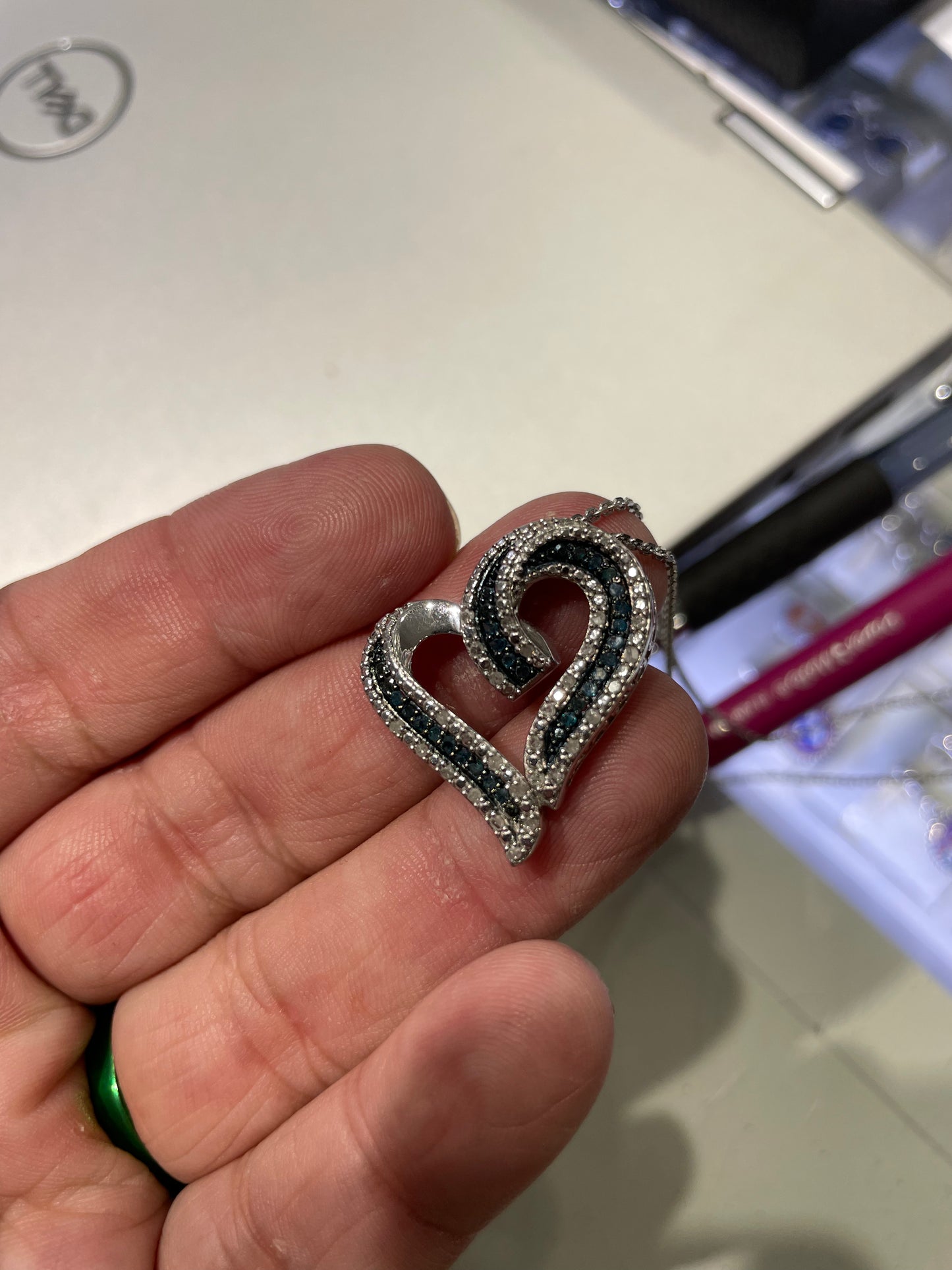 925 Sterling Silver White & Blue Diamond Sideways Heart Necklace