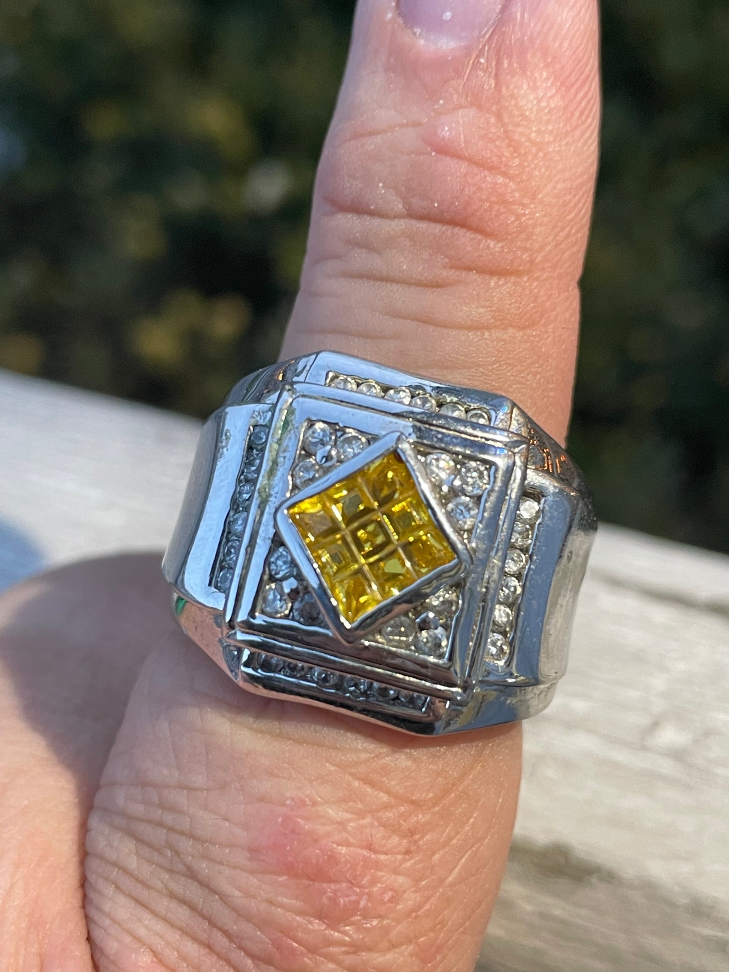 925 Sterling Silver Men’s Canary Yellow & Clear Zirconia Cluster Ring