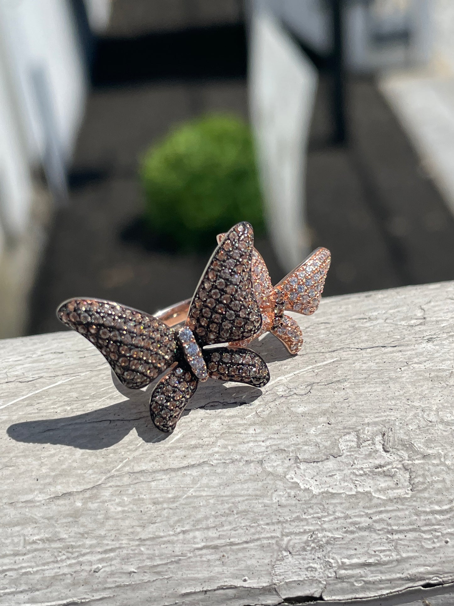 925 Sterling Silver Rose Vermeil Dual Butterfly Ring