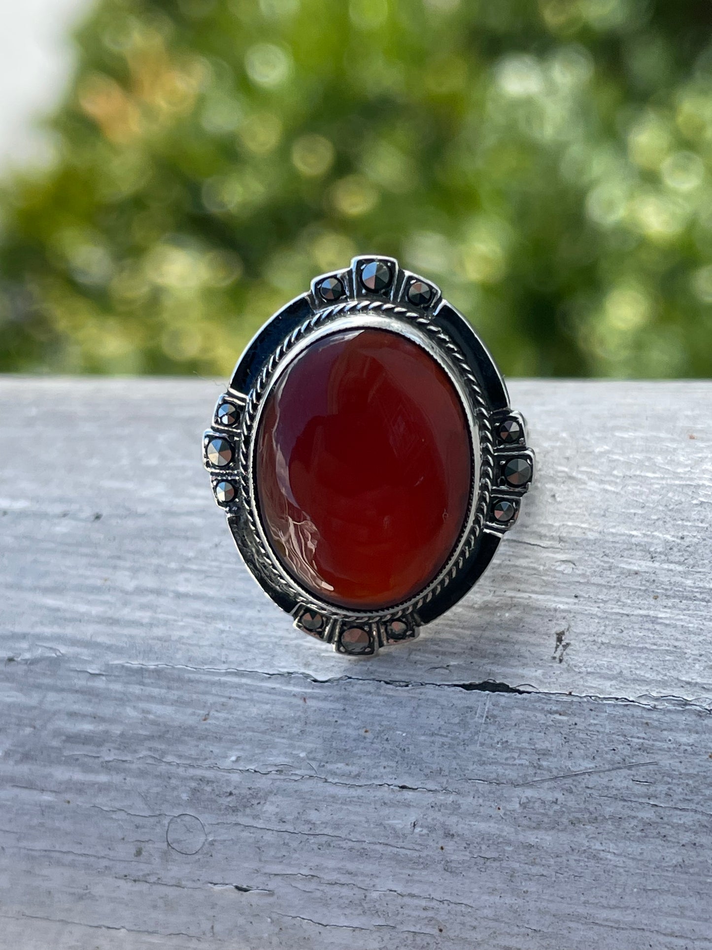 925 Sterling Silver Carnelian & Marcasite Statement Ring