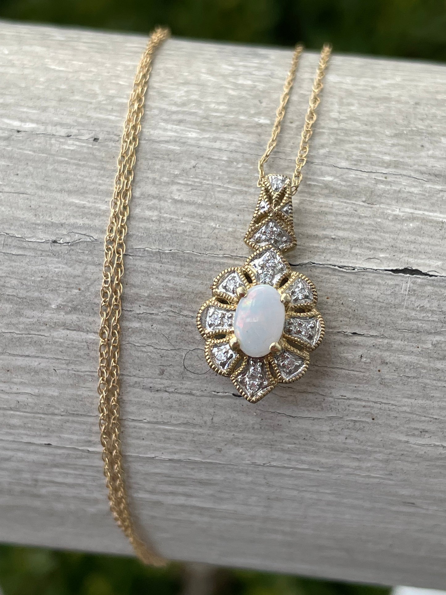 14k Gold Opal & Clear Zirconia Cluster Necklace