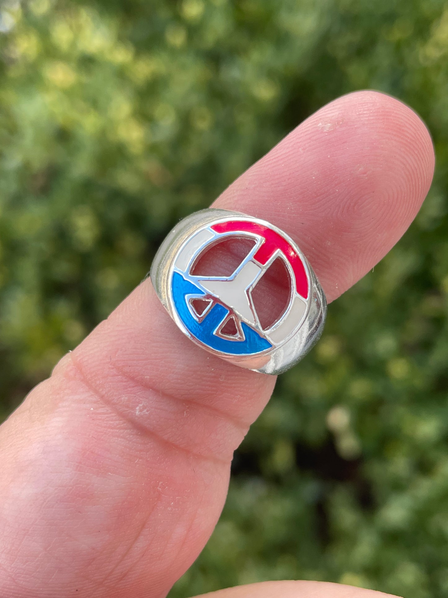 925 Sterling Silver American Flag Enamel Peace Sign Ring