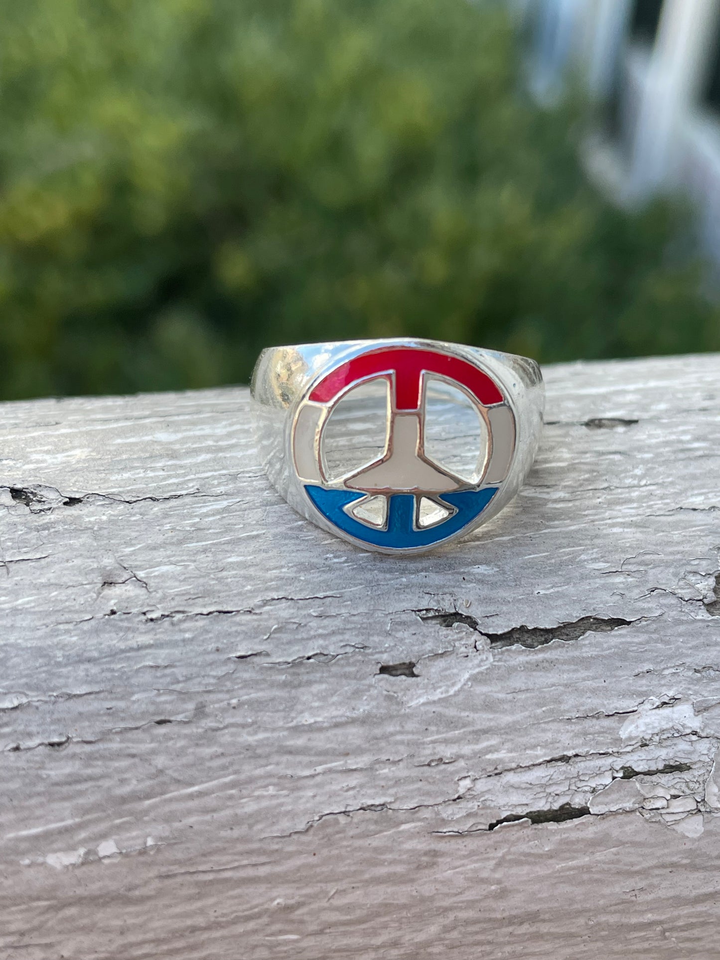 925 Sterling Silver American Flag Enamel Peace Sign Ring
