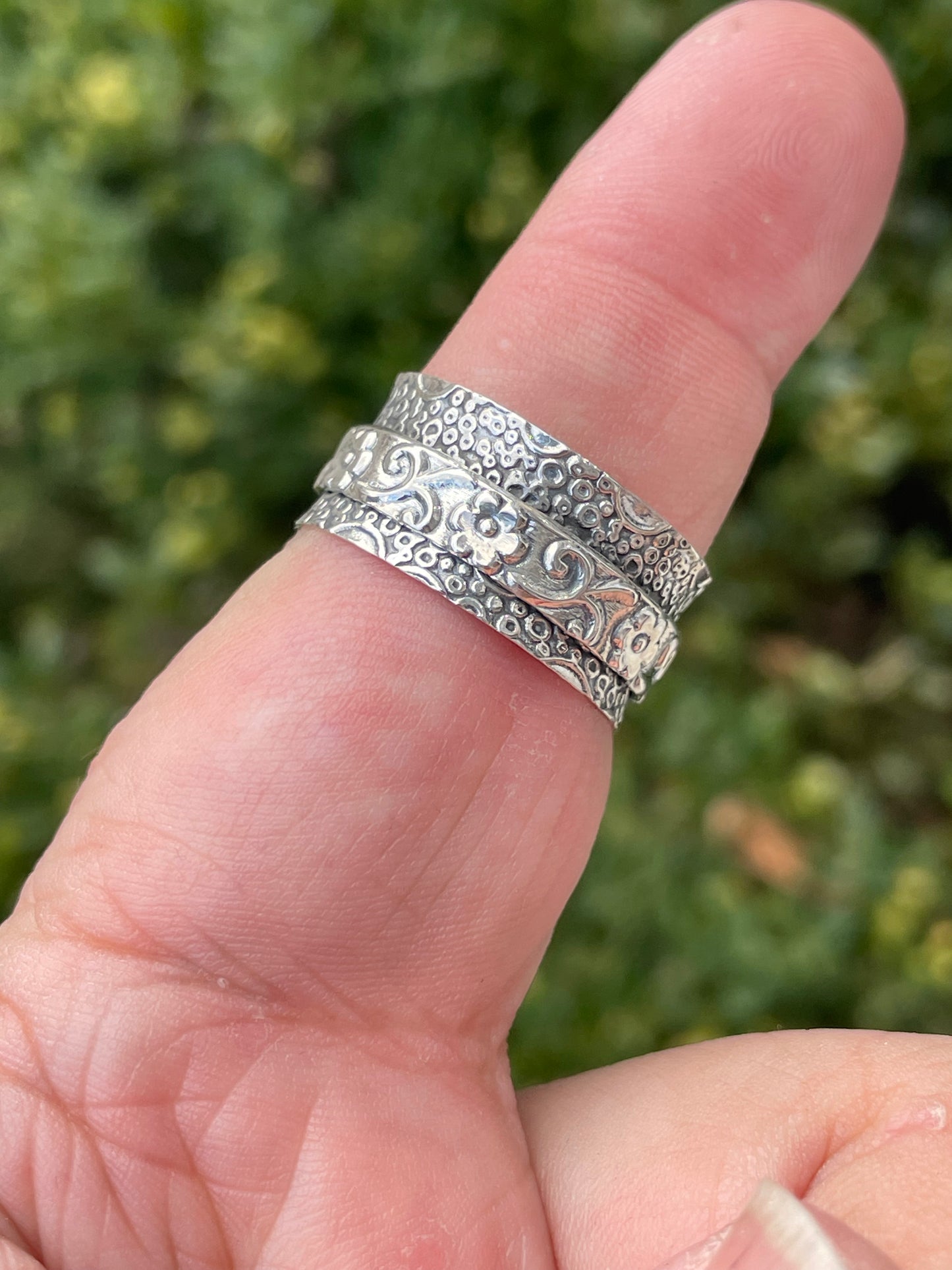 925 Sterling Silver Floral Etched Cigar Band Fidget Spinner Ring