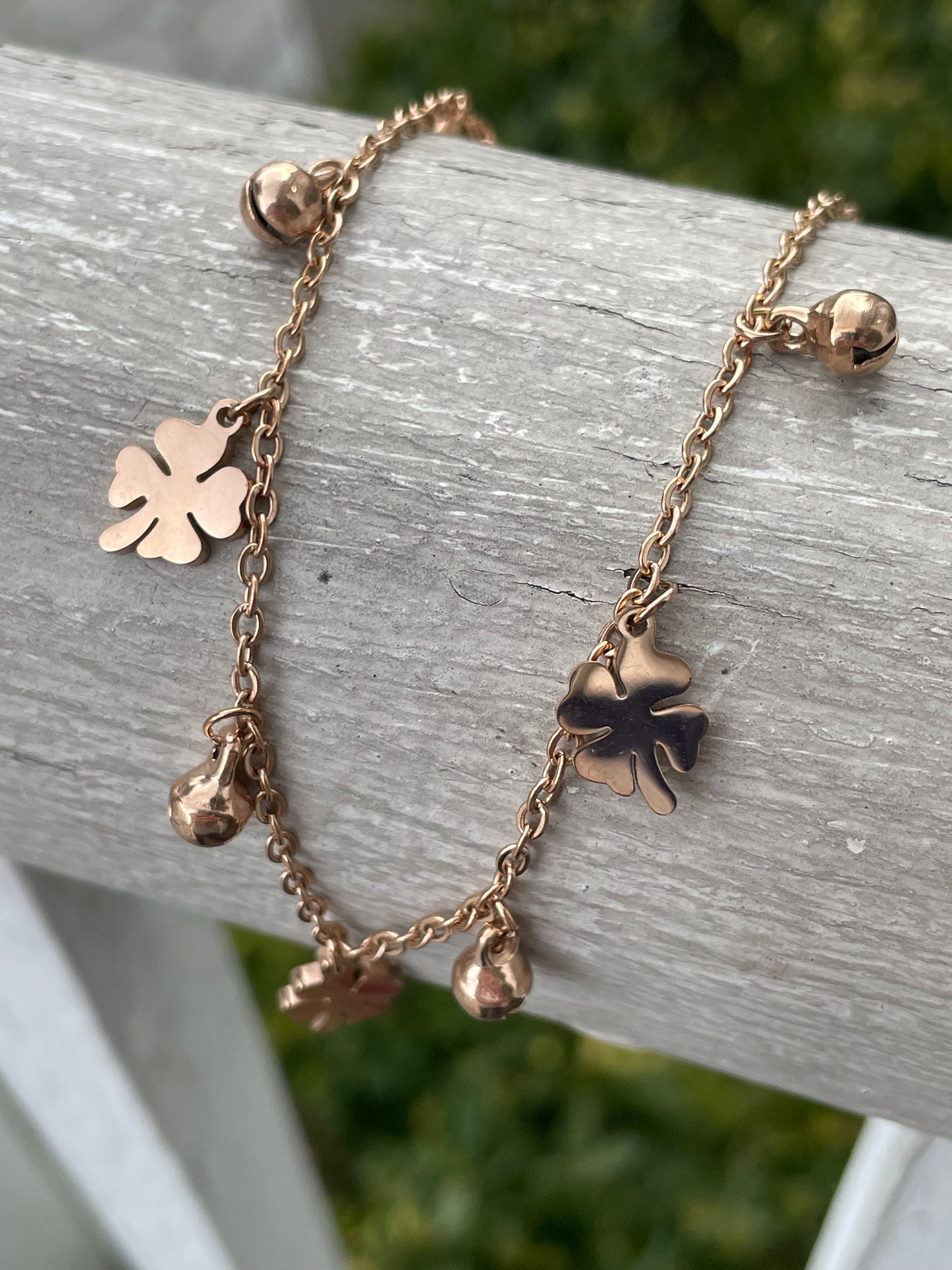 Stainless Steel Rose Vermeil Clover Shamrock Anklet Bracelet