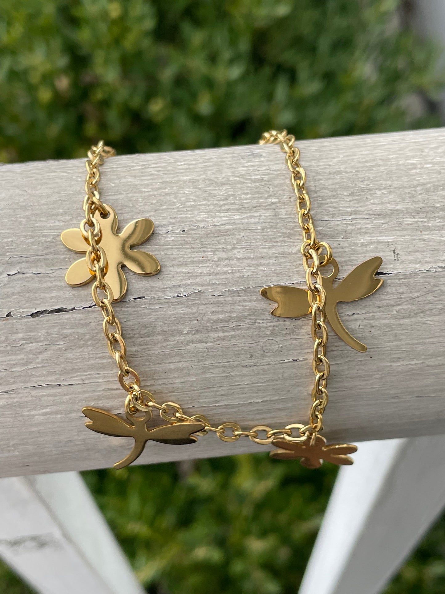 Stainless steel vermeil dragonfly and Daisy ankle bracelet