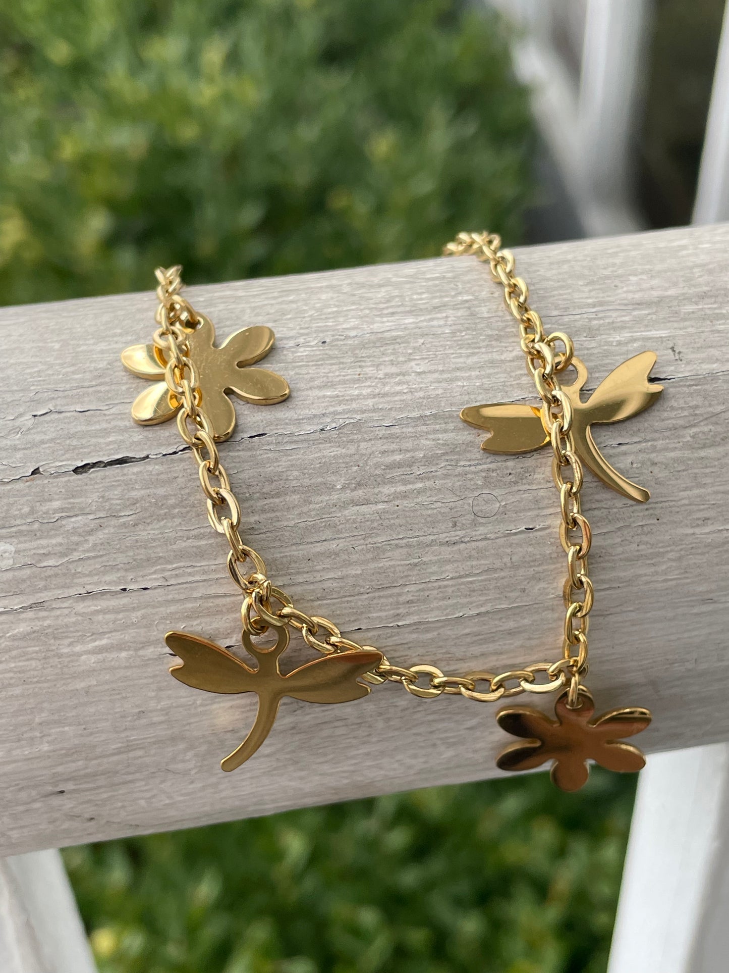 Stainless steel vermeil dragonfly and Daisy ankle bracelet