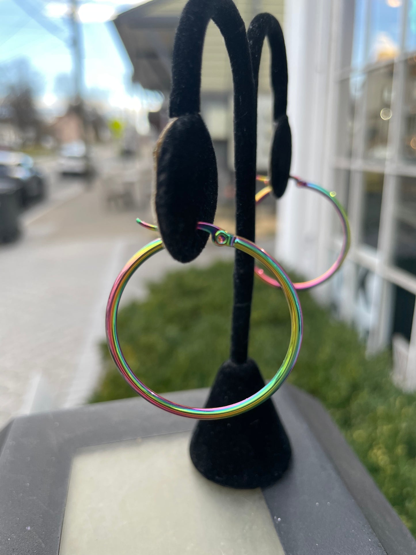 Stainless Steel 33mm Wide Rainbow tone Hoop earrings