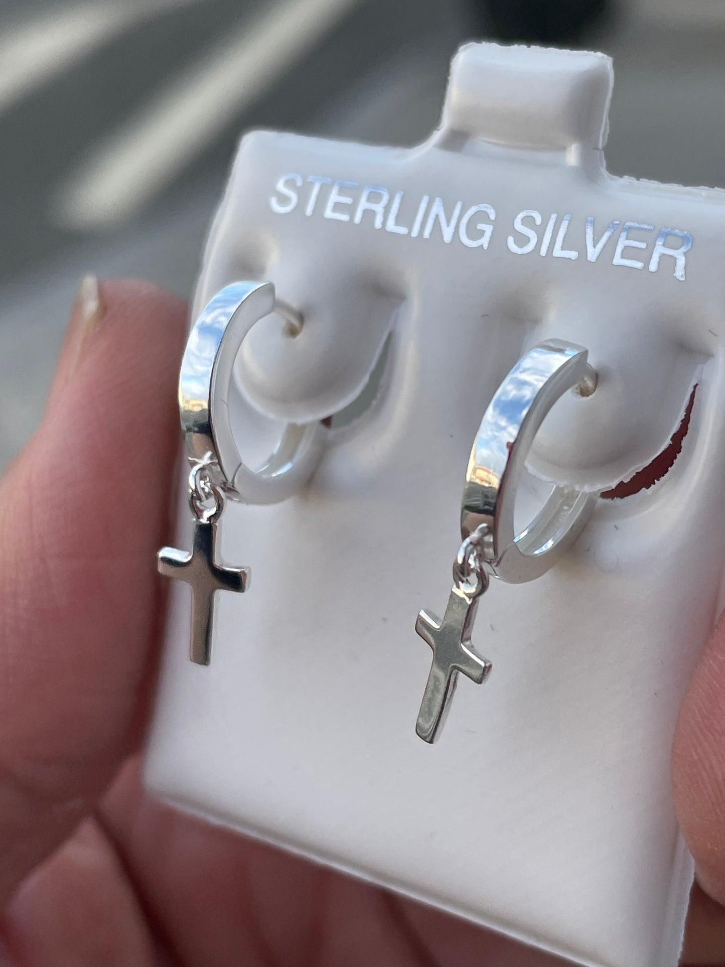 925 Sterling Silver Dangling Cross Huggie Hoop Earrings
