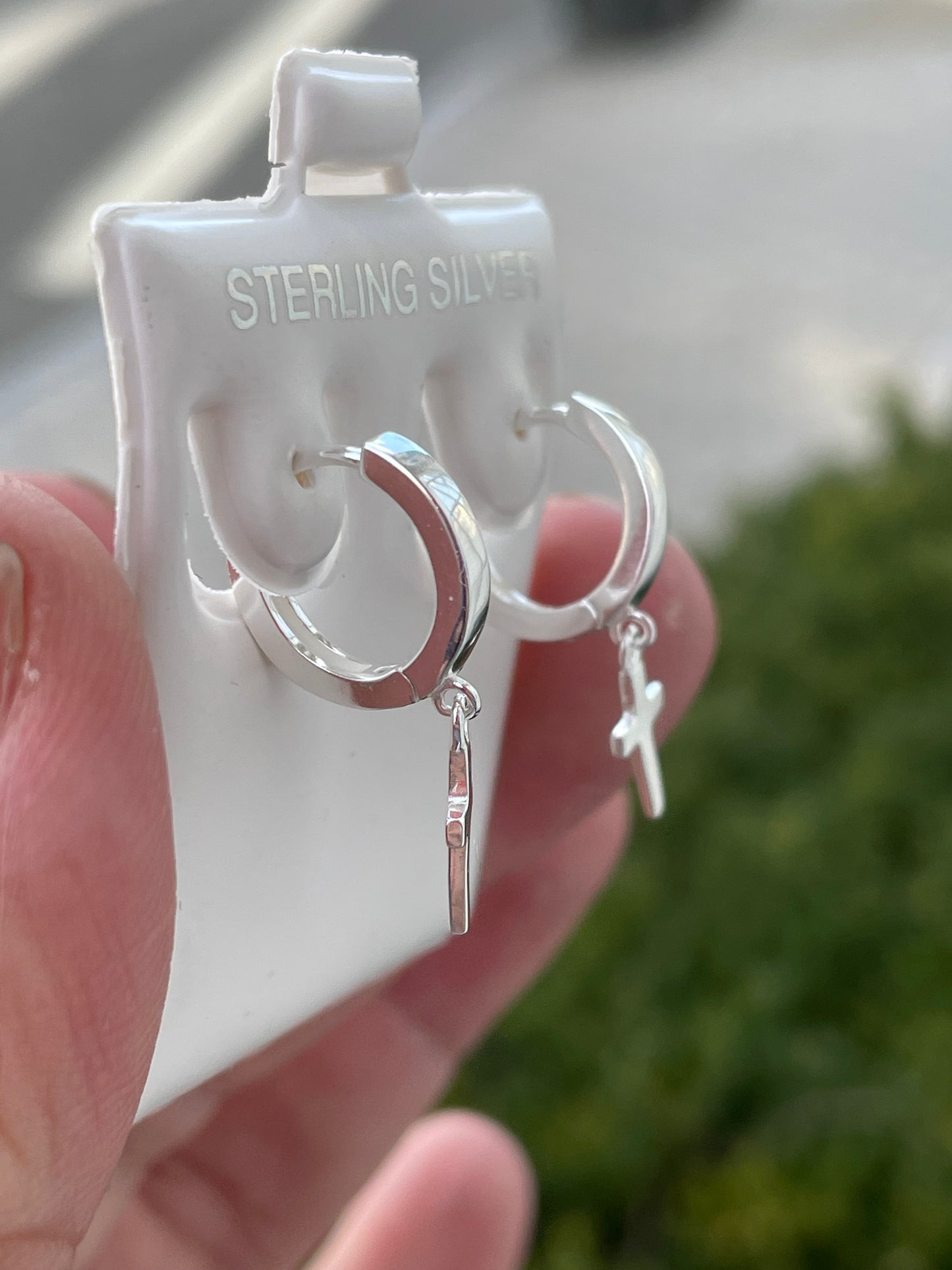925 Sterling Silver Dangling Cross Huggie Hoop Earrings