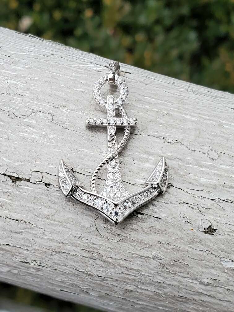 925 Sterling Silver Clear Zirconia Anchor Charm Pendant