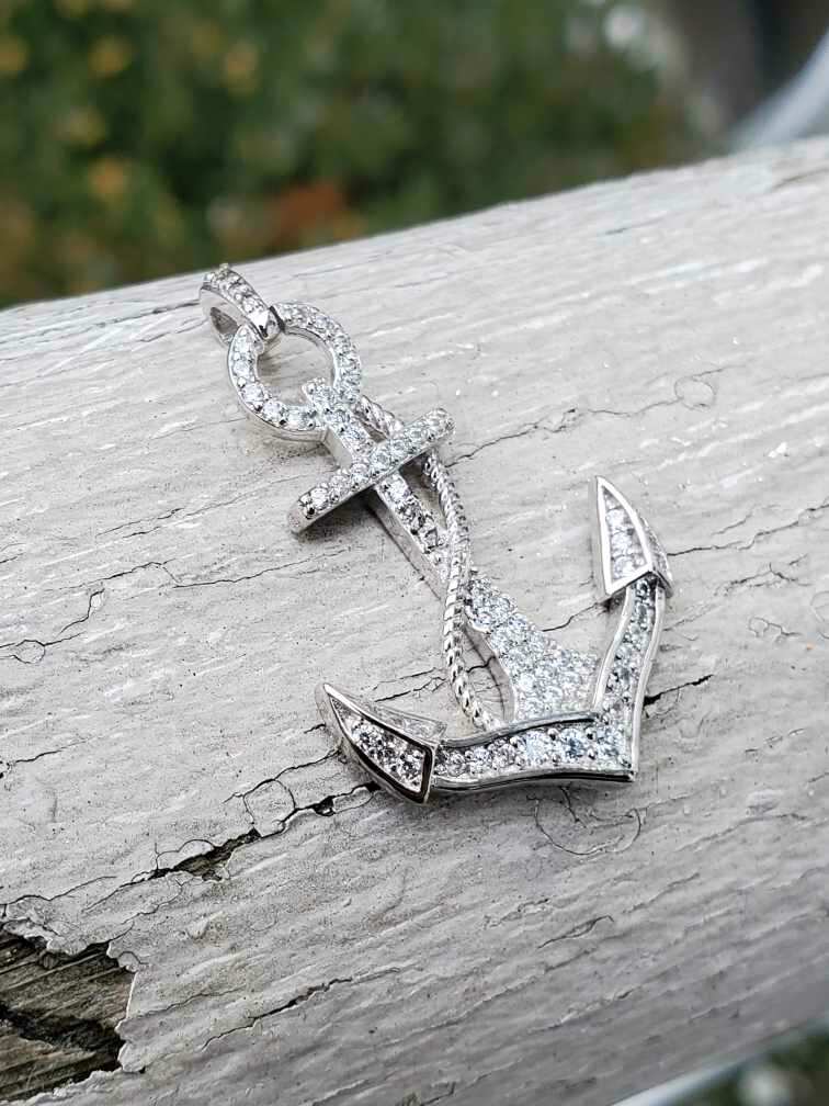 925 Sterling Silver Clear Zirconia Anchor Charm Pendant