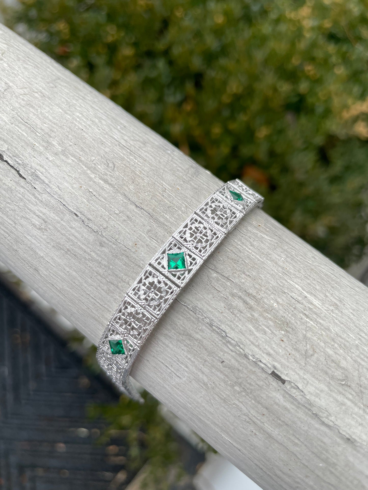 14k White Gold Antique Emerald Filigree Bracelet