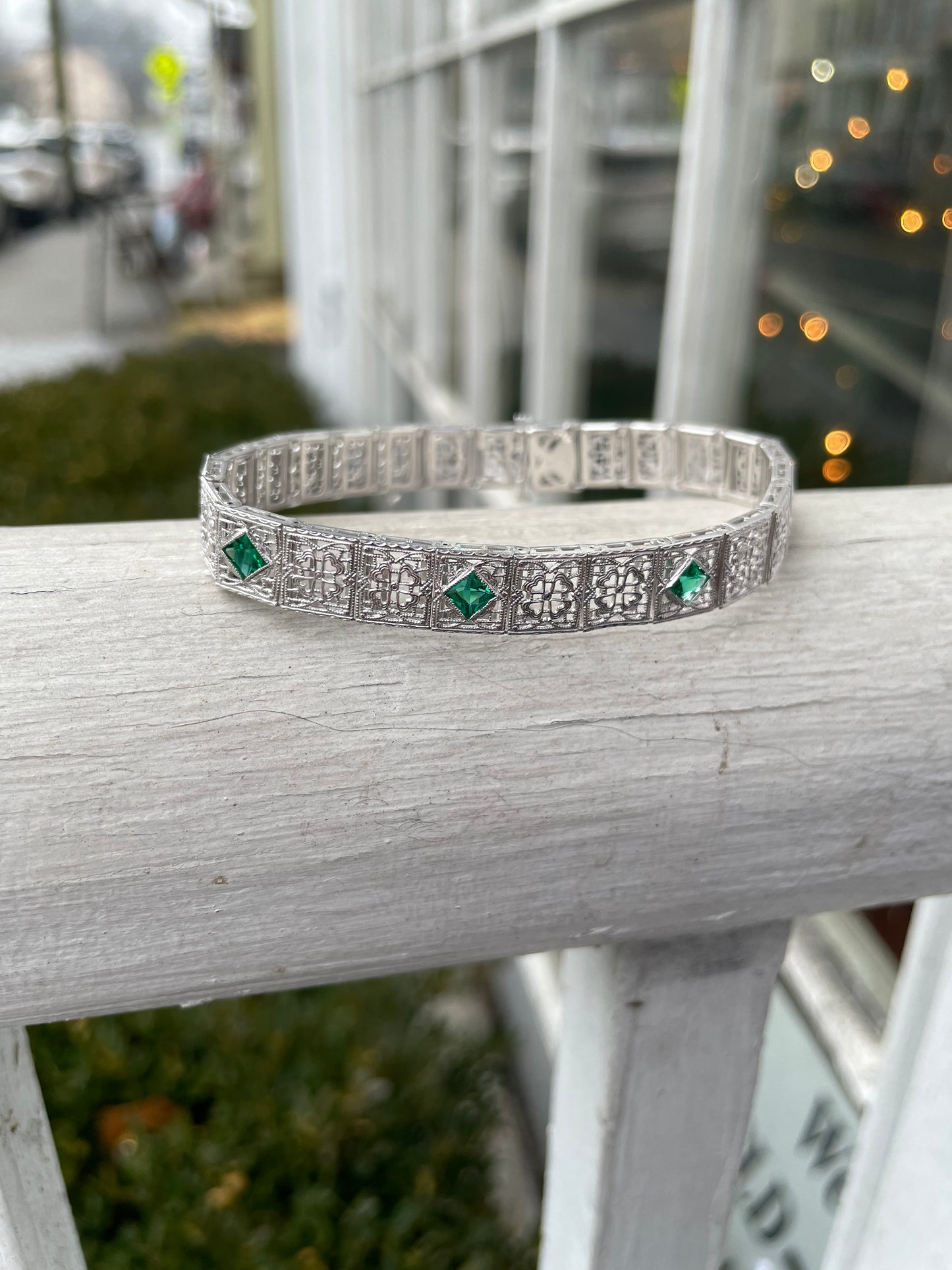 14k White Gold Antique Emerald Filigree Bracelet