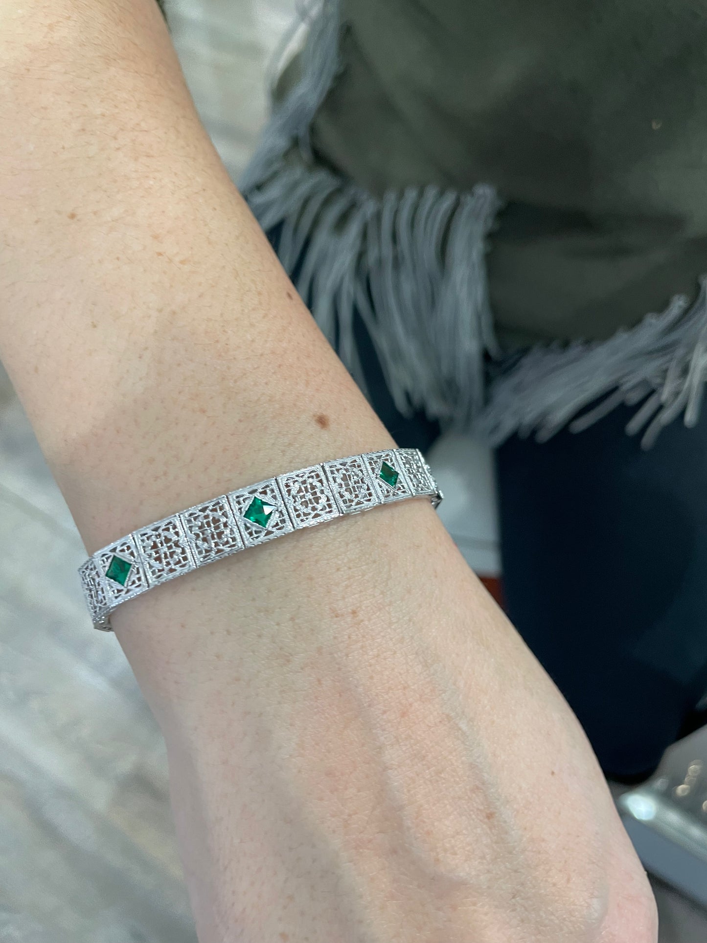 14k White Gold Antique Emerald Filigree Bracelet