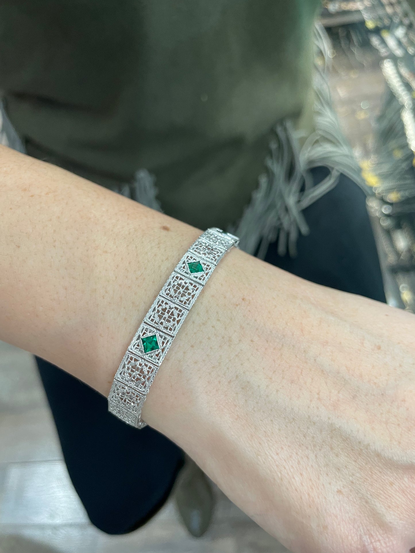 14k White Gold Antique Emerald Filigree Bracelet