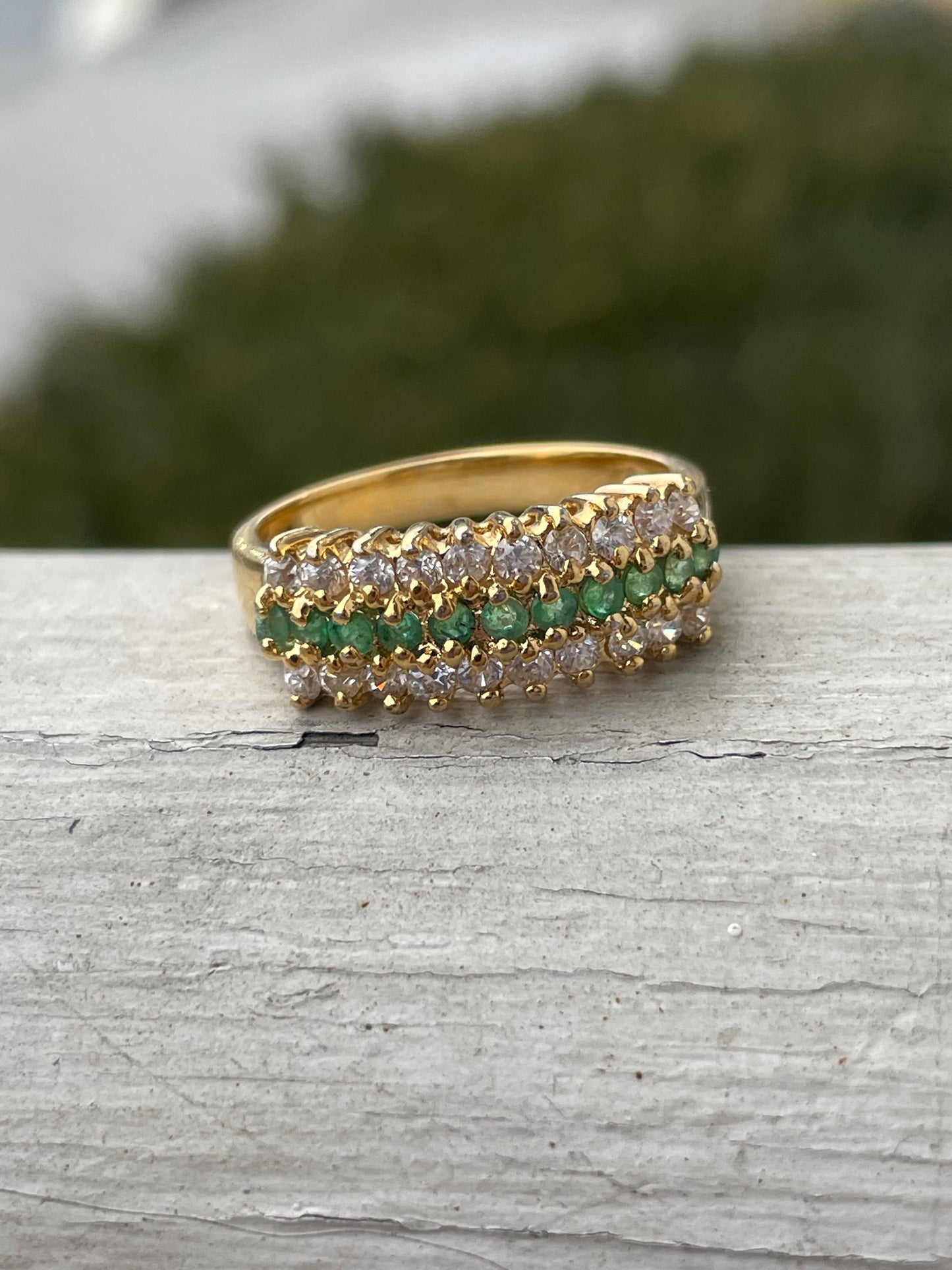 925 Sterling Silver Vermeil Emerald & Zirconia Bridge Ring