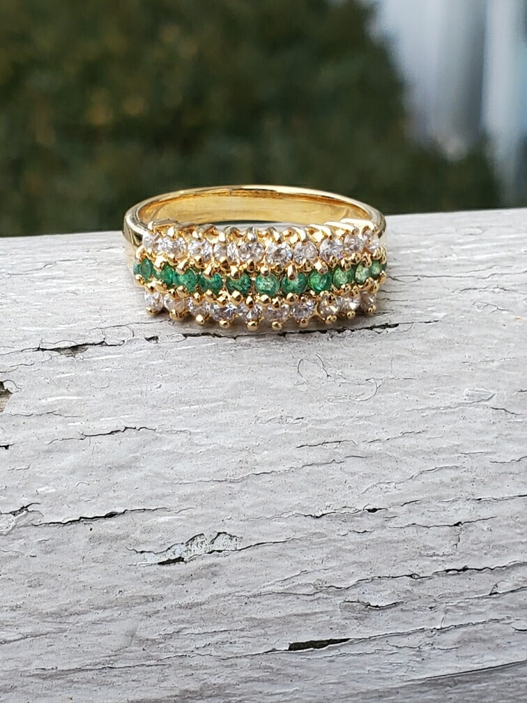 925 Sterling Silver Vermeil Emerald & Zirconia Bridge Ring