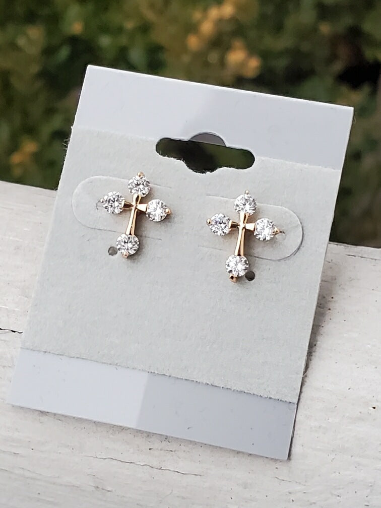 Stainless Steel Vermeil Cz Cross Stud Earrings