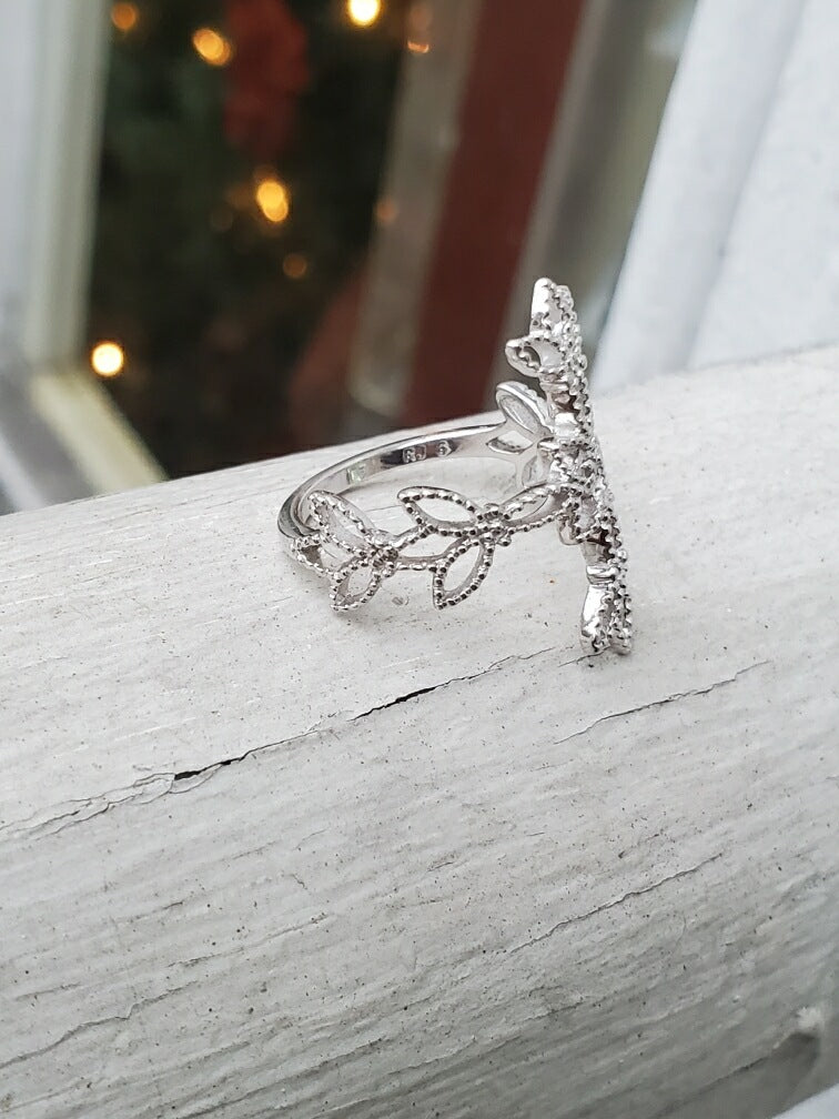 925 Sterling Silver Diamond Leaflet Cross Ring
