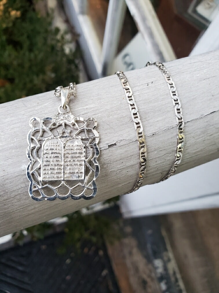 925 Sterling Silver Star of David with 10 Commandments Necklace
