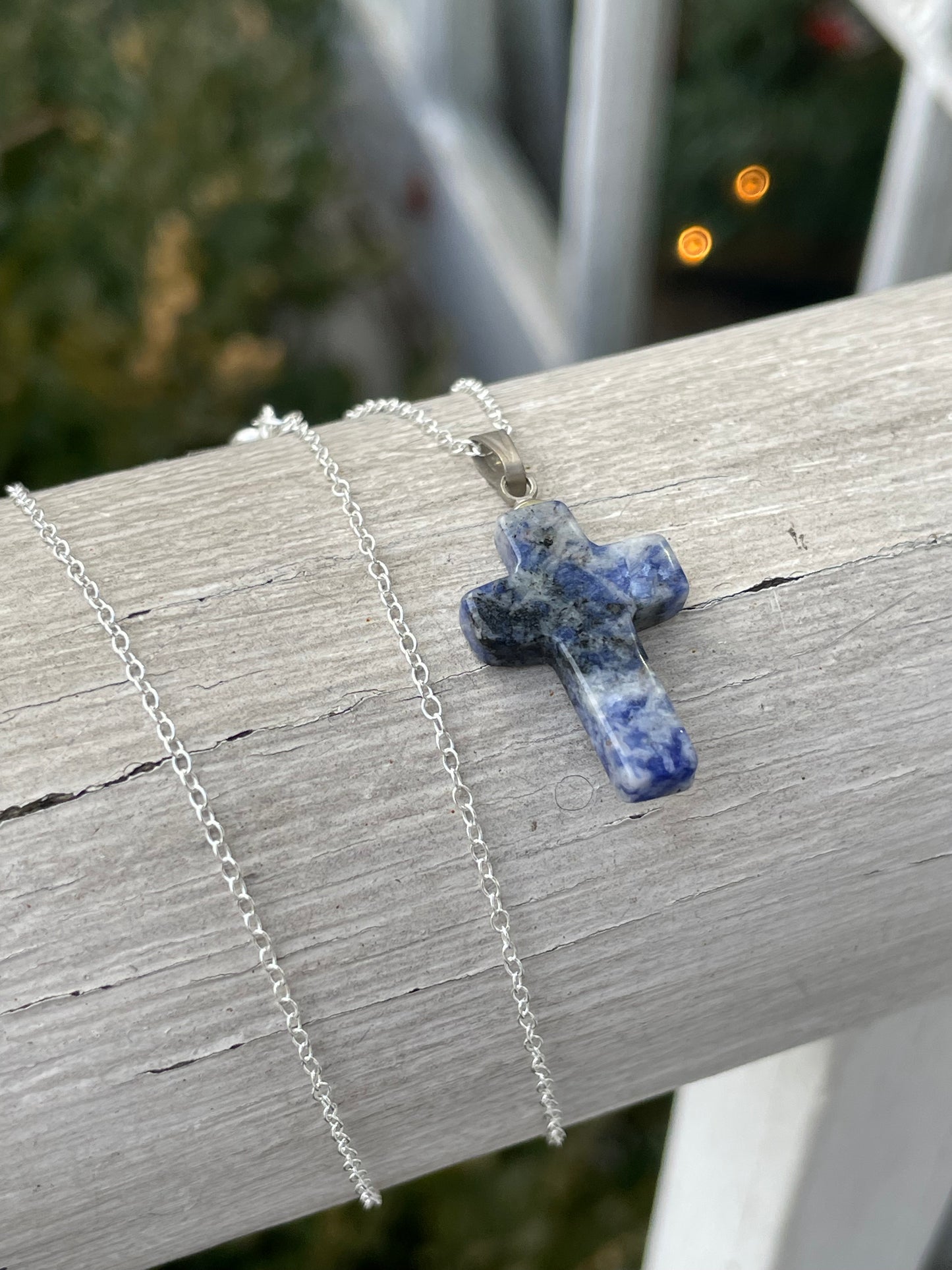 925 Sterling Silver Handmade Sodalite Stone Cross Necklace